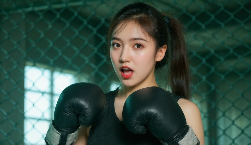 Female gender, standing in a fighting position, fighting with white boxing gloves. She has beautiful features with flowing hair. She is pale white and has black hair. She has big eyes. Anime style. High quality. High resolution. She has the face of Jennie from the famous Korean band Blackpink. She has prominent breasts with flowing and attractive silky hair with gloves. Great boxing 