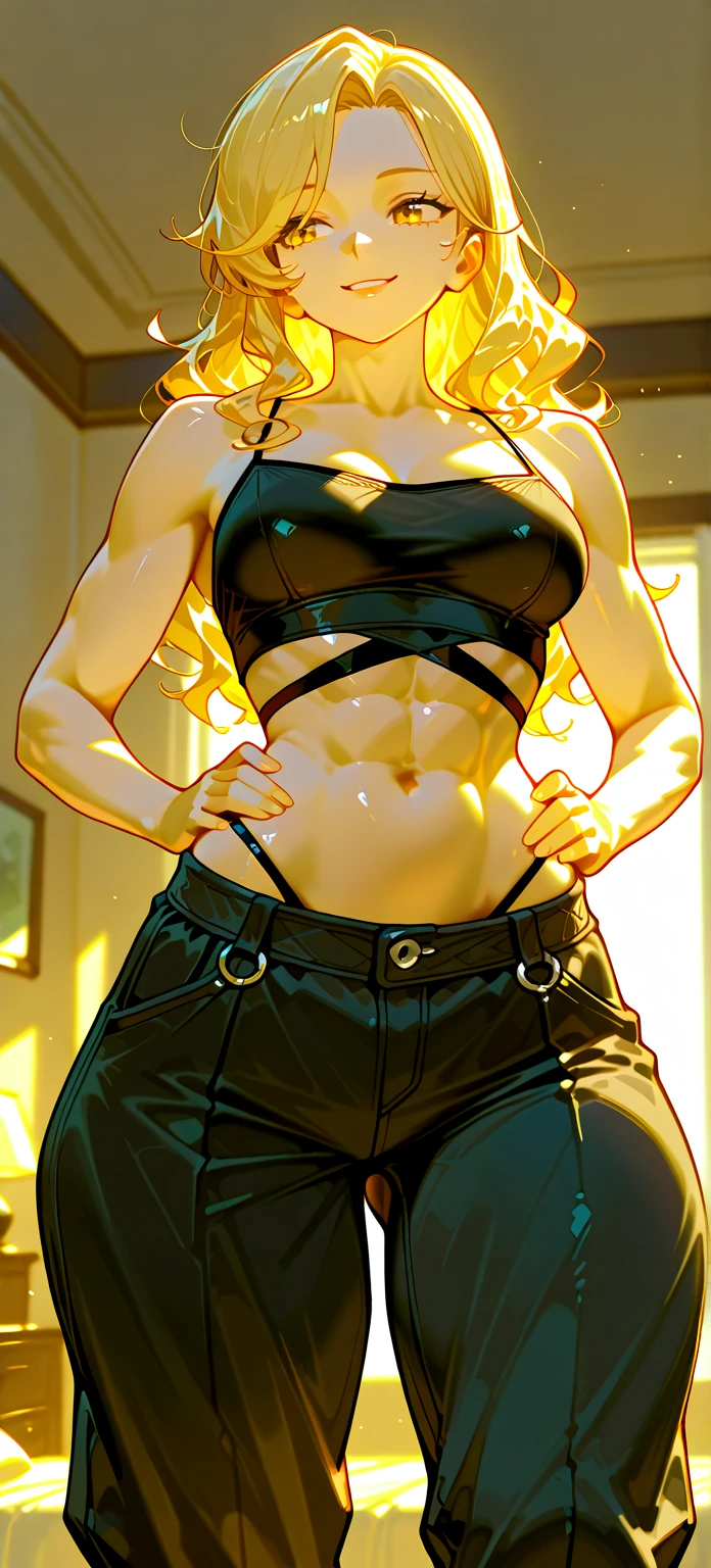 Young woman, hot fit body, thick breasts, annoyed expression, neon green hair short with bangs, skin tight high slit shorts, hot spaghetti strap crop top, thick thighs, stretching pose,