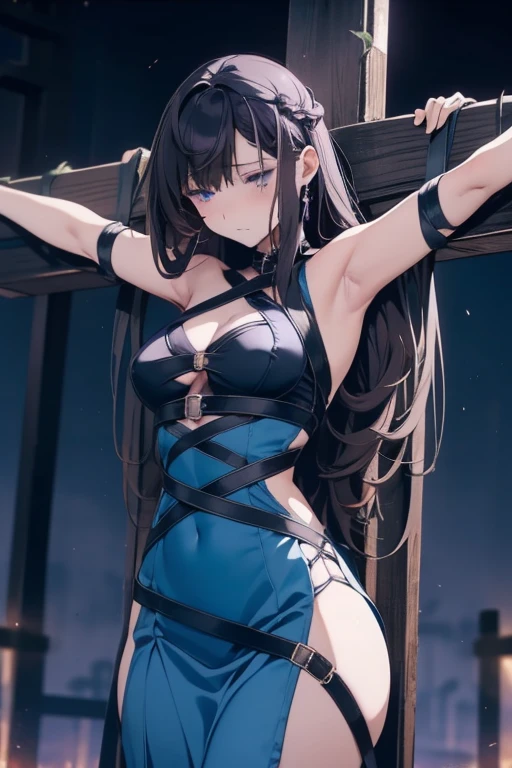 Highest quality,masterpiece,Ultra-high resolution, Very detailed, 8k,(Beautiful woman),一人のBeautiful woman,((Crucifixion)),cross,(execution),incontinence,Scared,torture,slave,((crossにCrucifixionにされた女性:1.5))