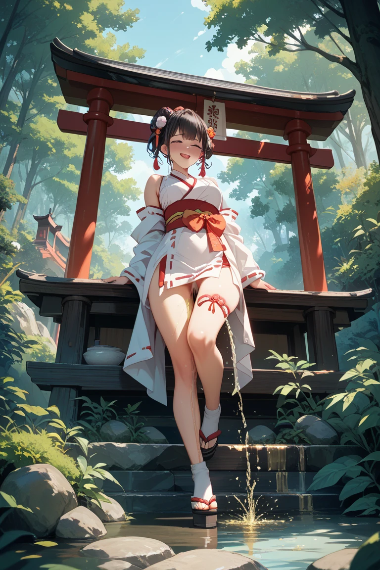 ((high quality anime, 8k,masterpiece,Perfect Anatomy)),cowboy shot,1 female,(beautiful detailed face and eyes,gorgeous eye:1.3,black eyes),master of success,The perfect 20 years old,((small head:1.7)),Black Hair、Straight hair,blunt bangs,(twin bun,up hair,hair flaps),in heat,blush,small breasts,slender body,skinny,sweat,White Kung Fu uniform,Short sleeve、Micro Mini Shorts、squatting,Shaolin Temple、Outdoor、