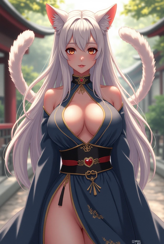 Beautiful kitsuma 9 tail fox woman, white skin, long hair, hair color mix of pink and white, large breasts, milf body, pink pupils inside red eyes eyes, perfect Japanese dojo background