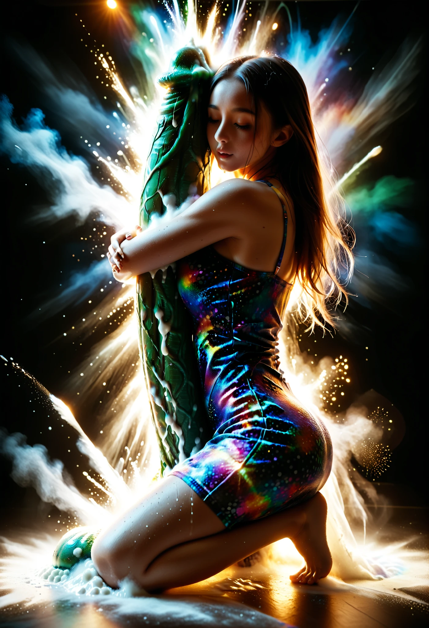  score_9, score_8_up, score_7_up, score_6_up, score_5_up, score_4_up, best quality, official art, official style, game cg, megami magazine,  very aesthetic, absurdres, , source_furry,  source_anime, rating_explicit, rating_questionable, girl, futa, futanari, , intricate gigantic puffy green  as , squatting,  side boob, (hugging gigantic :1.5), (motion line:1.5),  Wet  as amazing gigantic puffy , green multiple colored , glowing, glitter, transparent ,  on wears,   dynamic Overflowing , dynamic scattering lot of , sprinkle lot of , splash lot of ,  puffy  under (tight:1.5)  dress, strong , half eyes, mad eyes, hot steam,  forehead, on days live stage, perfect lighting, moody lighting, deep depth, graphic design, high detail, super sharp features, 4K, detailed, intricate love live! style, beautiful face, detailed eye, from side, ( on all:1.5), in Galaxy, warp, flash, intricate glitter background, unnatural background,