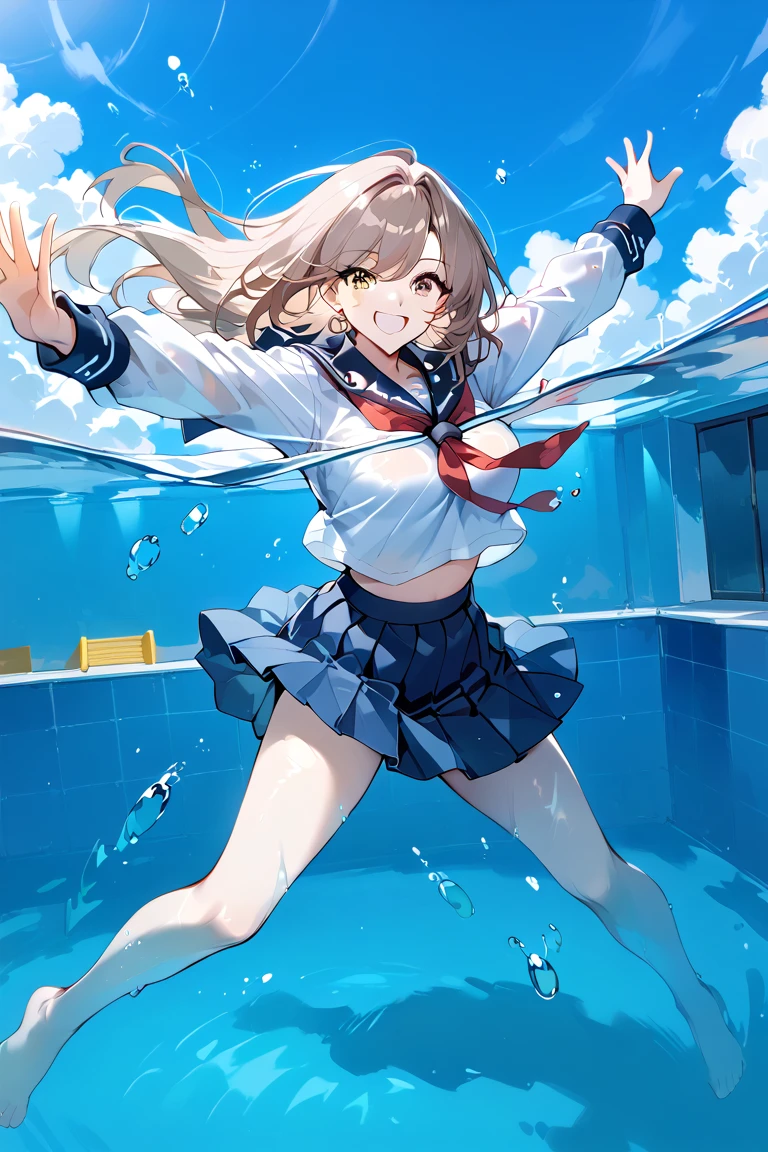 best quality, ultra high res, 1girl, full body, bare shoulders, half body under water,cinematic angle,from behind,thigh gap,cleavage,revealing,see-through,professional lighting,thighhighs,sailor collar,necklace,
