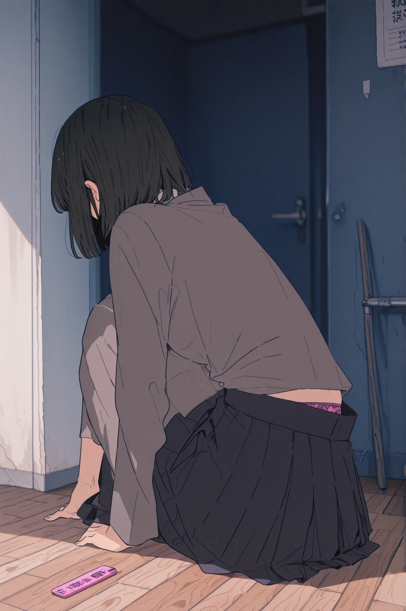 One girl with black bob hair、Completely naked、Sexual violence、Kissing a man、Standing posture、classroom、Shyness、Crying face、resistance、fear