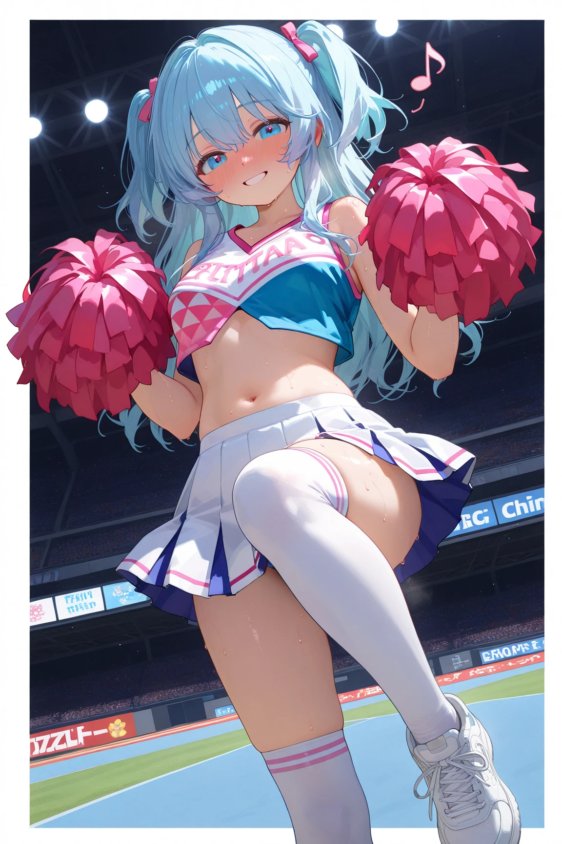 NSFW,masterpiece,Highest quality,High resolution,Very detailed,white\(no game No life\),Long Hair,Multicolored Hair,Hair between the eyes,Gradient Hair,Yellow Eyes,Small breasts,ponytail,(Cheerleader),See-through,Tank top,Crop top,Micro Mini Skirt,Groin,open crotch pantie,Knee-high socks,Thigh straps,sports boots,baseball Ground,Audience seats,fence,Frustrated face,blush,Sweat,sexual excitement,(Ecstasy face),(Squirting),(orgasm),Trembling,Are standing,Leg spread,From below,Remote Control Vibrator