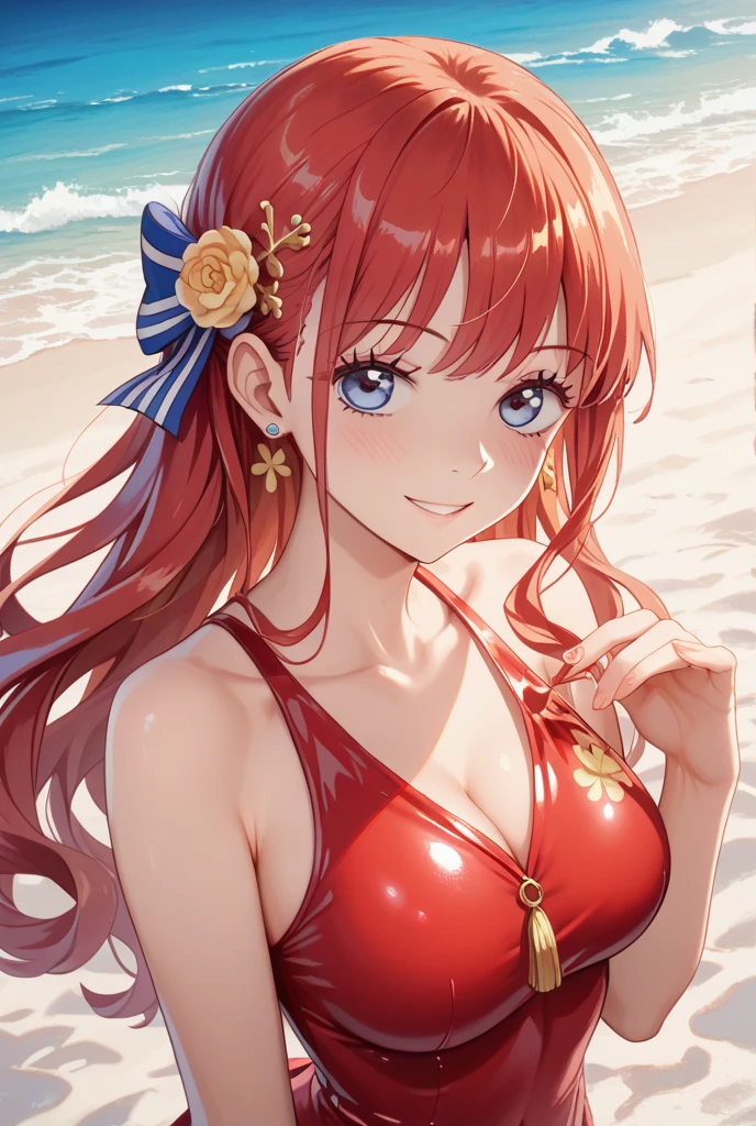 [big boob], cleavage, sheer blouse, see, bikini, flower, sweaty, cute face, small face, summer, long hair, red hair, pony tail, girl, sweaty, blue ocean, blue sky