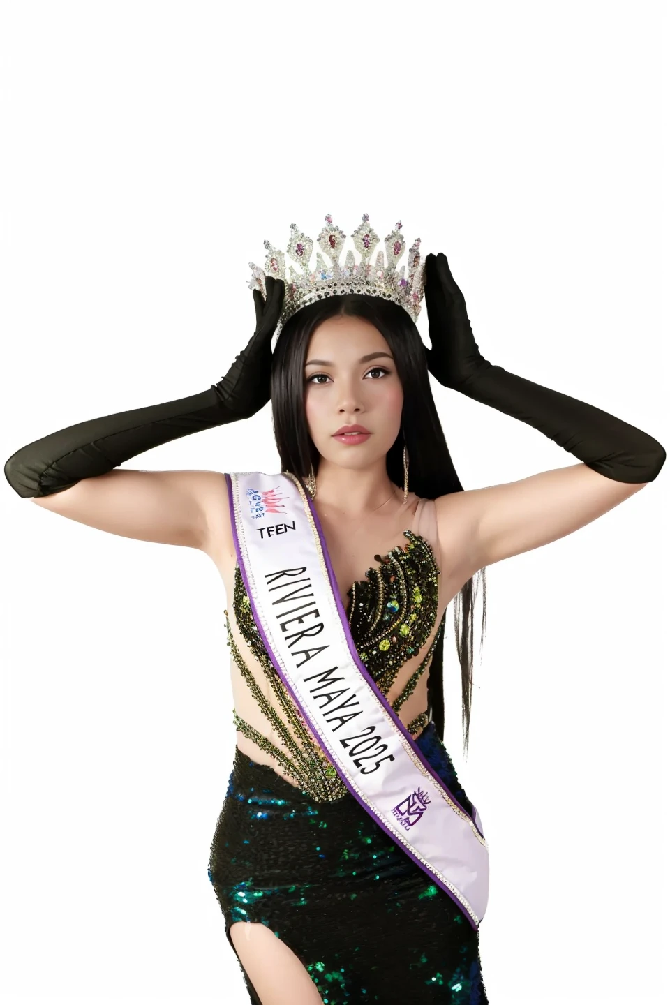 Miss universe, silver long kebaya brookat dress, at miss universe stage, wear crown, elegant, beautiful, 38 C huge boobs, slim, don't smile, sexy vibes. Sharp eyes, cool, bold make up. Sash Miss Universe 2026.