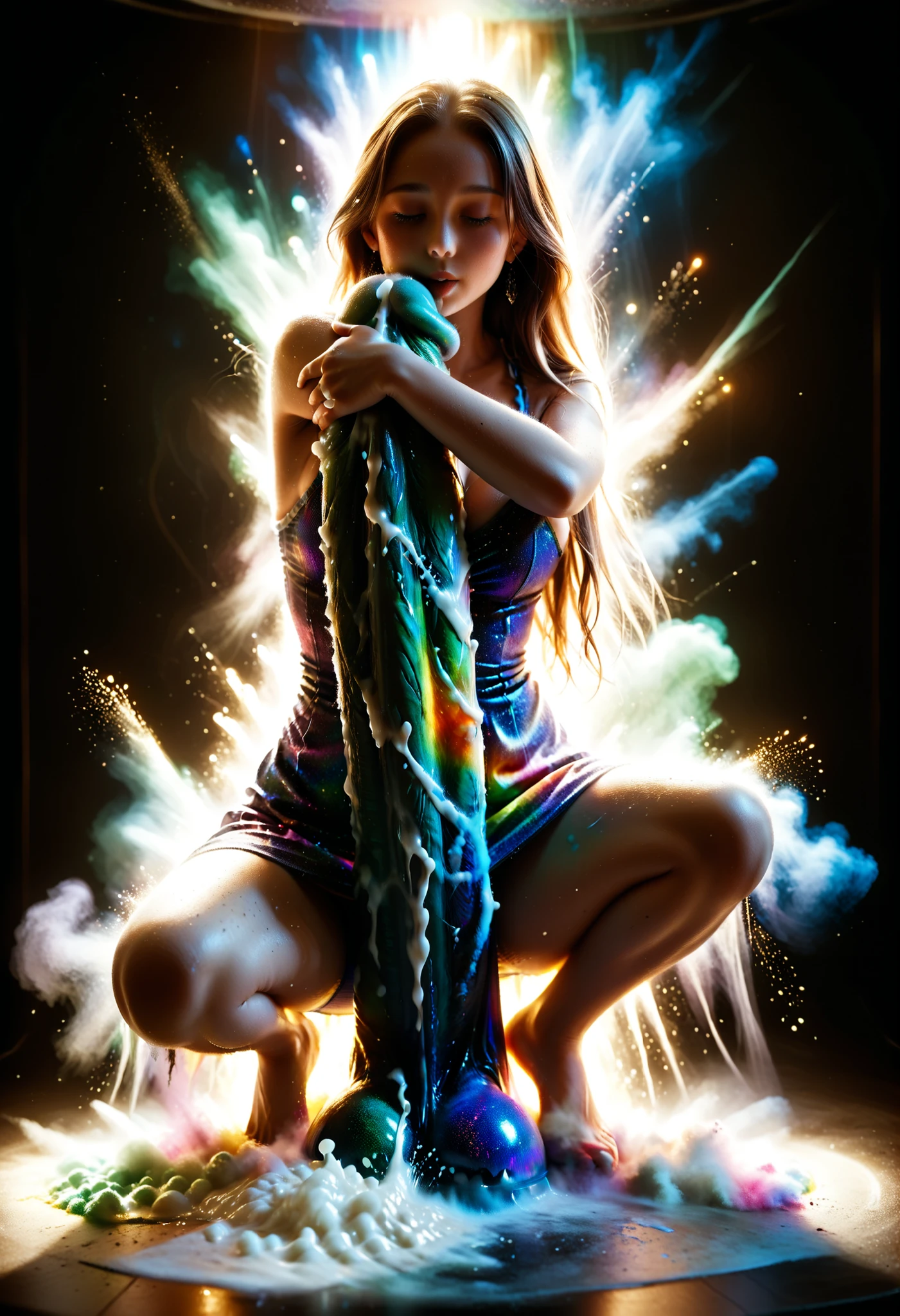  score_9, score_8_up, score_7_up, score_6_up, score_5_up, score_4_up, best quality, official art, official style, game cg, megami magazine,  very aesthetic, absurdres, , source_furry,  source_anime, rating_explicit, rating_questionable, girl, futa, futanari, , intricate gigantic puffy green  as , squatting,  side boob, (hugging gigantic :1.5), (motion line:1.5),  Wet  as amazing gigantic puffy , green multiple colored , glowing, glitter, transparent ,  on wears,   dynamic Overflowing , dynamic scattering lot of , sprinkle lot of , splash lot of ,  puffy  under (tight:1.5)  dress, strong , half eyes, mad eyes, hot steam,  forehead, on days live stage, perfect lighting, moody lighting, deep depth, graphic design, high detail, super sharp features, 4K, detailed, intricate love live! style, beautiful face, detailed eye, from side, ( on all:1.5), in Galaxy, warp, flash, intricate glitter background, unnatural background,