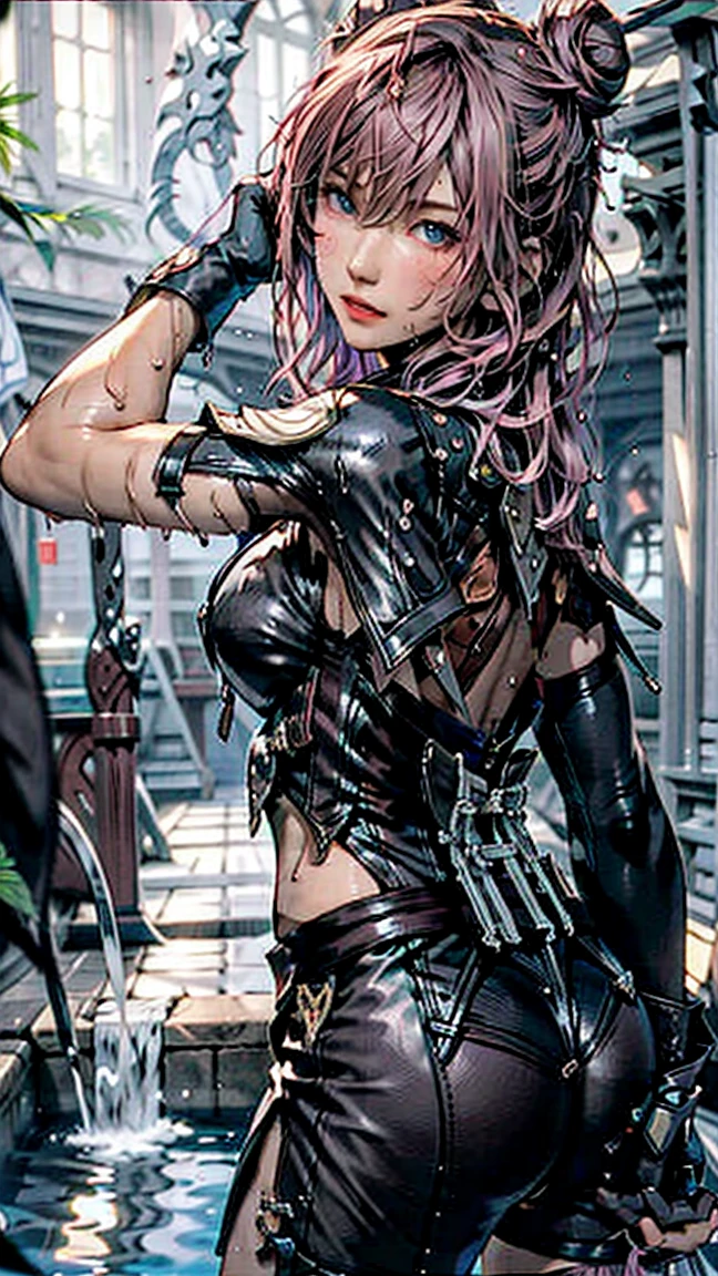 araffed woman in a black leather dress posing for a picture, pamela anderson, in a leather corset, black leather bra, wearing leather swim suite, leather top, suze randall, skintight leather clothes, sultry smirk, leather, 90's photos, wearing leather bikini, 1996), dressed in biker leather, leathery, dolly parton
