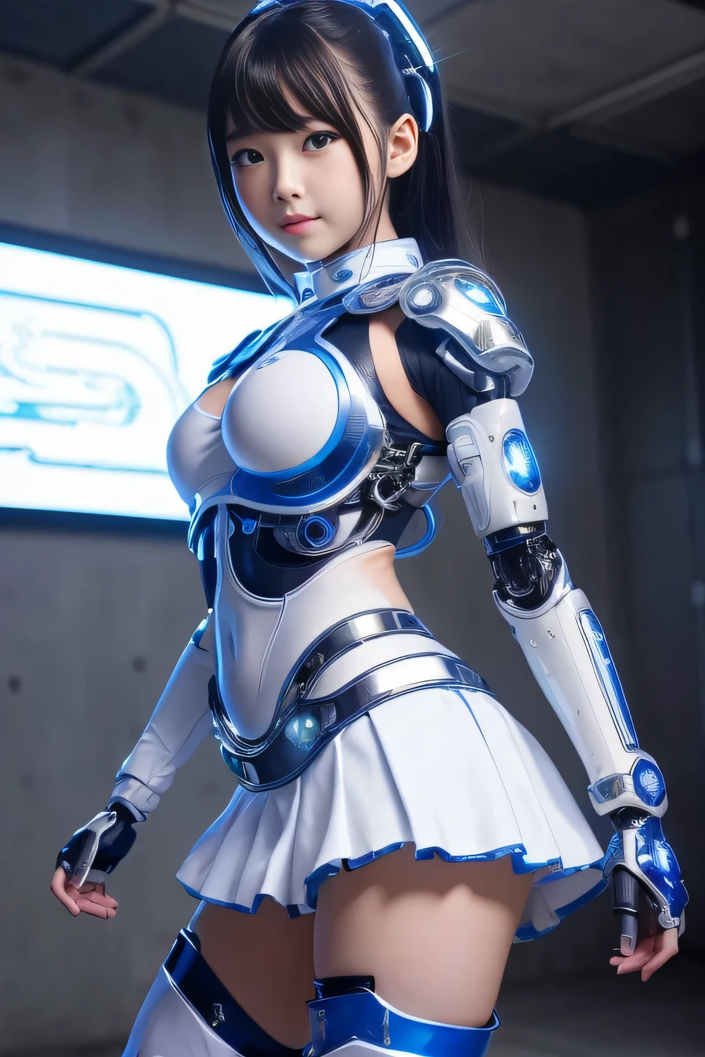 Ultra high definition、masterpiece、correct、Anatomically correct、Textured skin、Very detailed、High detail、high quality、最high quality、High resolution、8k、Digital Cyberpunk Art、Raw photo、whole body、Beautiful Teenage Woman、One Japanese woman、Big beautiful eyeedium chest、Ash colored short hair、((Wear a white and blue cyberpunk battle suit))、(Walking through a cyberpunk station)、(Cyberpunk android girl)