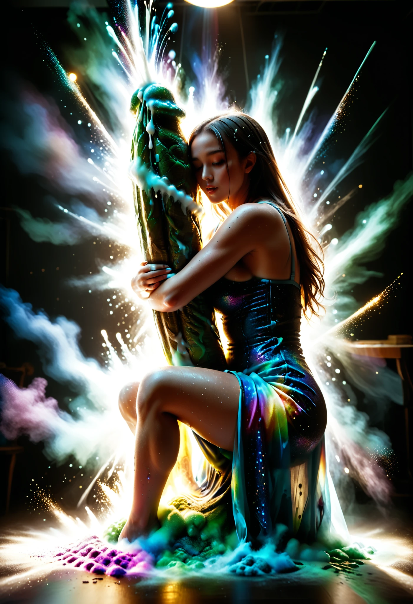  score_9, score_8_up, score_7_up, score_6_up, score_5_up, score_4_up, best quality, official art, official style, game cg, megami magazine,  very aesthetic, absurdres, , source_furry,  source_anime, rating_explicit, rating_questionable, girl, futa, futanari, , intricate gigantic puffy green  as , squatting,  side boob, (hugging gigantic :1.5), (motion line:1.5),  Wet  as amazing gigantic puffy , green multiple colored , glowing, glitter, transparent ,  on wears,   dynamic Overflowing , dynamic scattering lot of , sprinkle lot of , splash lot of ,  puffy  under (tight:1.5)  dress, strong , half eyes, mad eyes, hot steam,  forehead, on days live stage, perfect lighting, moody lighting, deep depth, graphic design, high detail, super sharp features, 4K, detailed, intricate love live! style, beautiful face, detailed eye, from side, ( on all:1.5), in Galaxy, warp, flash, intricate glitter background, unnatural background,