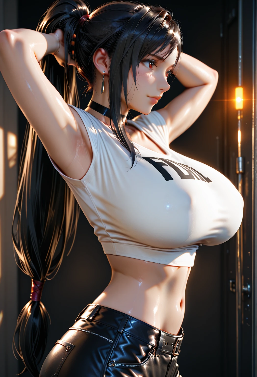 女の子1人,(,petite short stature),Young and cute idol face、(Lorioppai)(Clothed big breasts , Loli breasts,a miniskirt)Double piece with hands raised (White clothes, Shoulder knit shoulder strap,) Huge breasts,