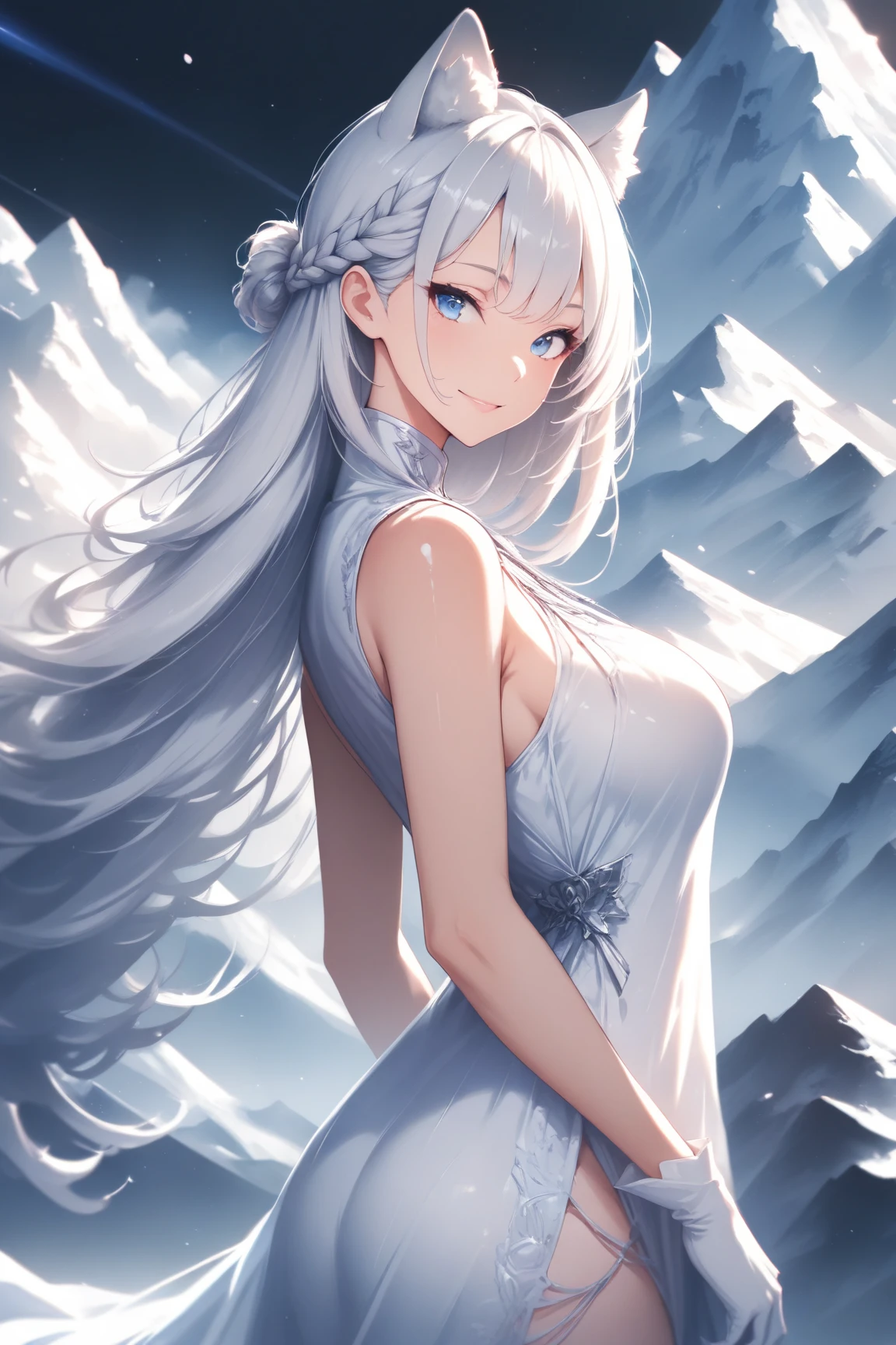 a giant girl, standing in a mountains, gray skin, gray hair, gray bikini, made of stone, gentle smile,voluptuous,