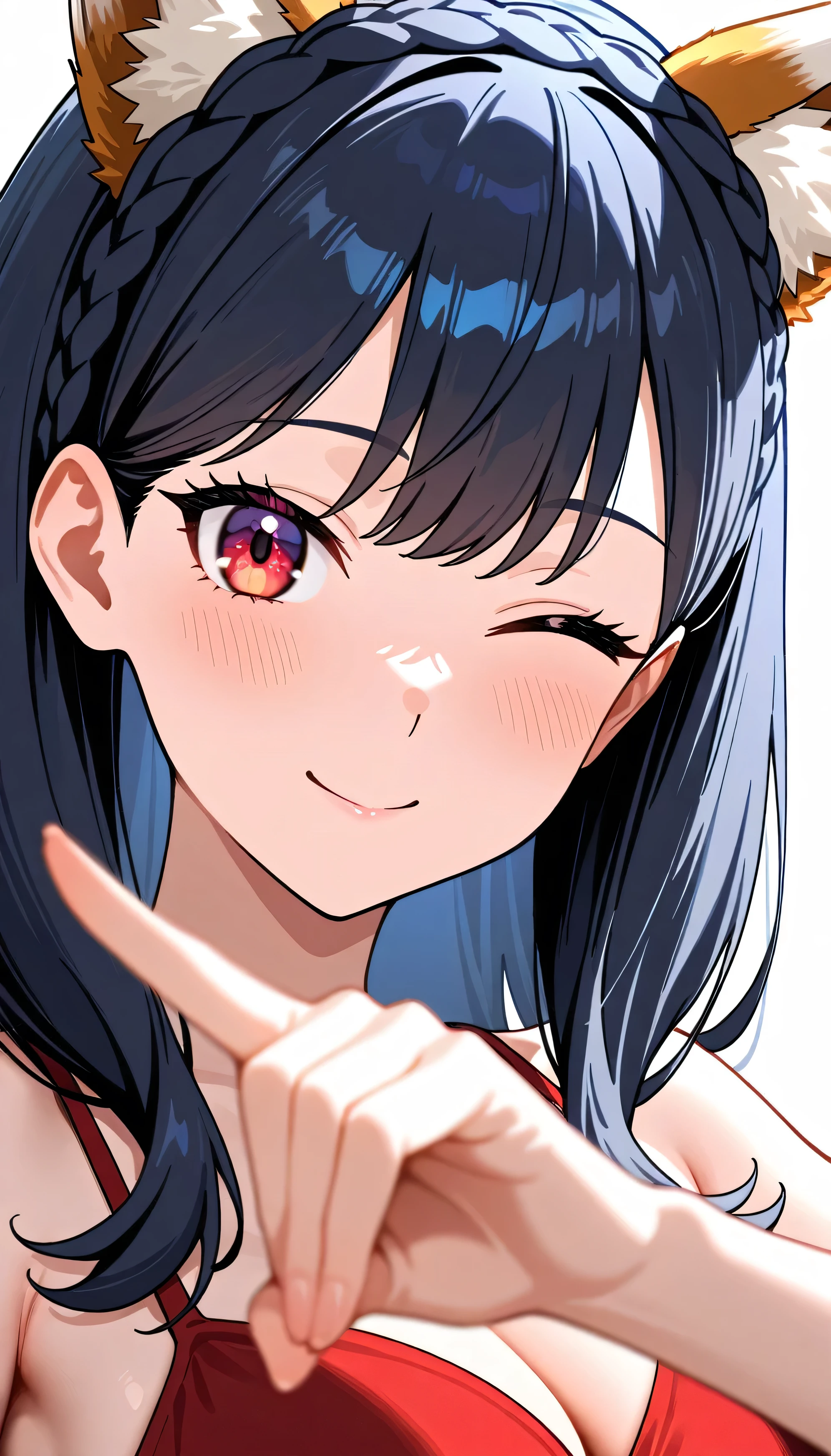Takarada Rikka,(beautiful girl: 1.3),1girl,masterpiece, Highest quality, Ultra-high resolution,rich contrast,super high quality,8k,Highly detailed CG unit wallpaper,texture,Incredibly absurd,Ultra-high resolution,RAW Photos,Depth of Field 1.2,A night in the countryside with silver grass swaying,kitsune dance,animal ears,black hair, Crown braid,red eyes,one eye closed,(close up:1.5),smile,(Tilt your head)