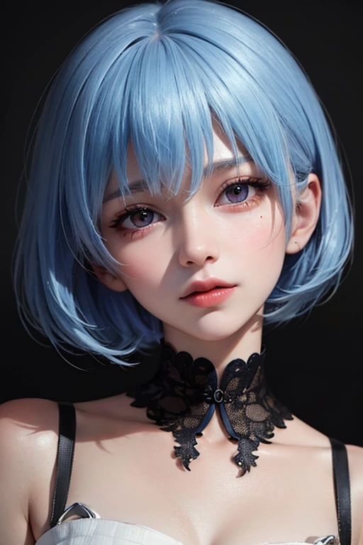 Black hair band、Light blue and purple hair、Girl、Dark navy blue clothing that exposes the shoulders、Tears flowing