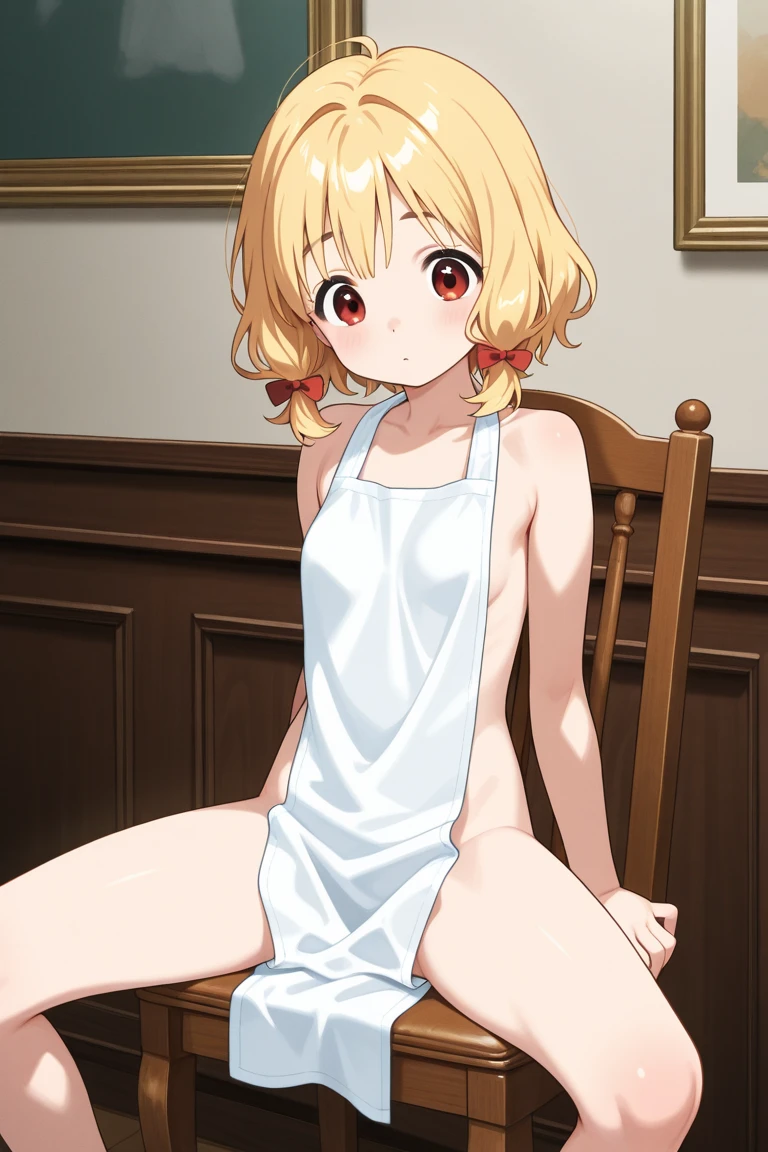 ((highest quality)), ((masterpiece)), (be familiar with), Perfect Face, indoor, Bedroom, Watching the audience,
One woman, Clementine,
Open Mouth, Ecstatic expression, blush, smile,
Small breasts, Flat Chest, Young Girl, , , Girl,
Short Hair, Golden Hair, Red eyes, Short Bob,
Leg spread,