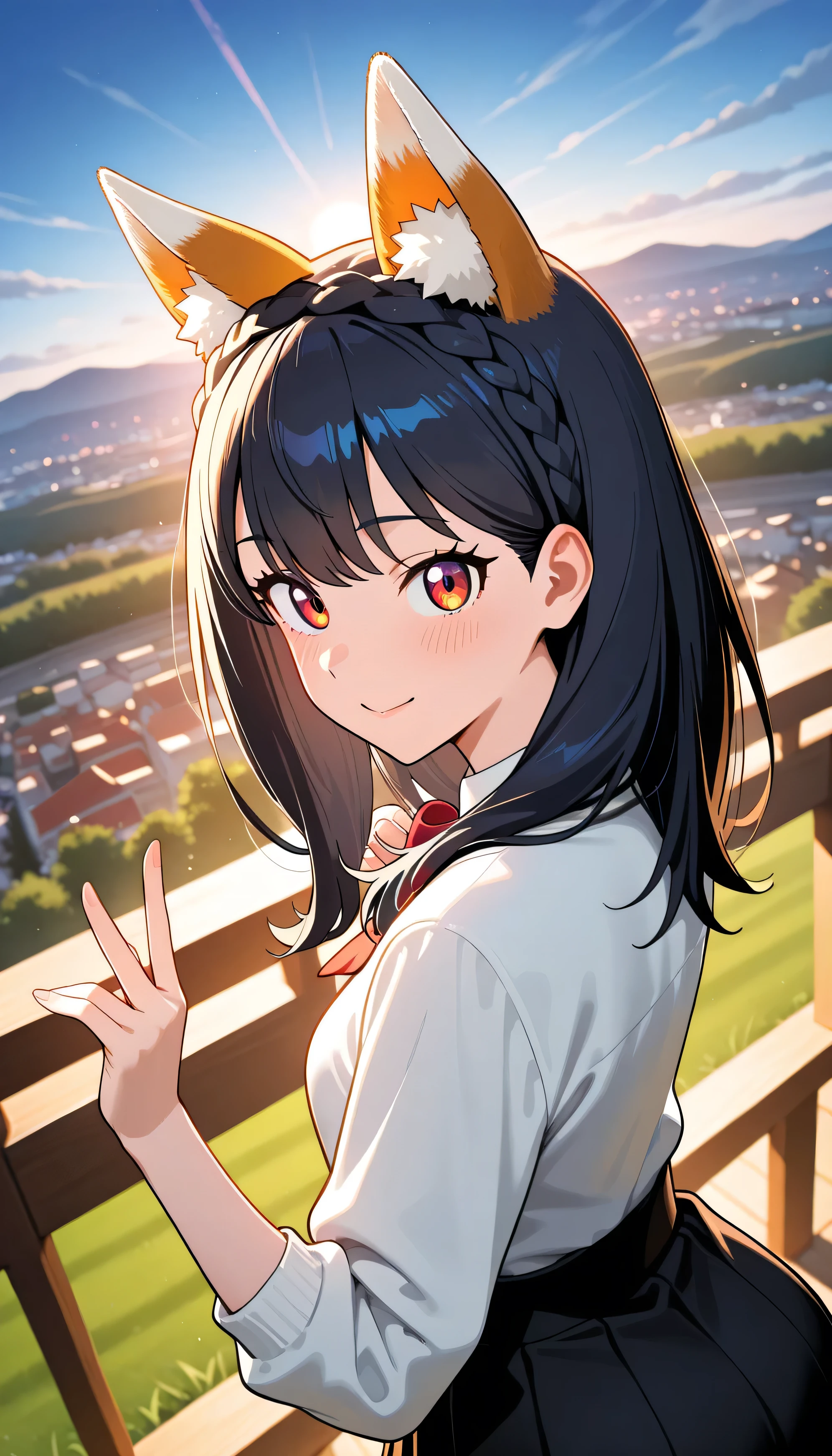 Takarada Rikka,(beautiful girl: 1.3),1girl,masterpiece, Highest quality, Ultra-high resolution,rich contrast,super high quality,8k,Highly detailed CG unit wallpaper,texture,Incredibly absurd,Ultra-high resolution,RAW Photos,Depth of Field 1.2,A night in the countryside with silver grass swaying,kitsune dance,animal ears,black hair, Crown braid,red eyes,Dynamic lighting,smile,overlooking,(magnificent panorama view:1.3),