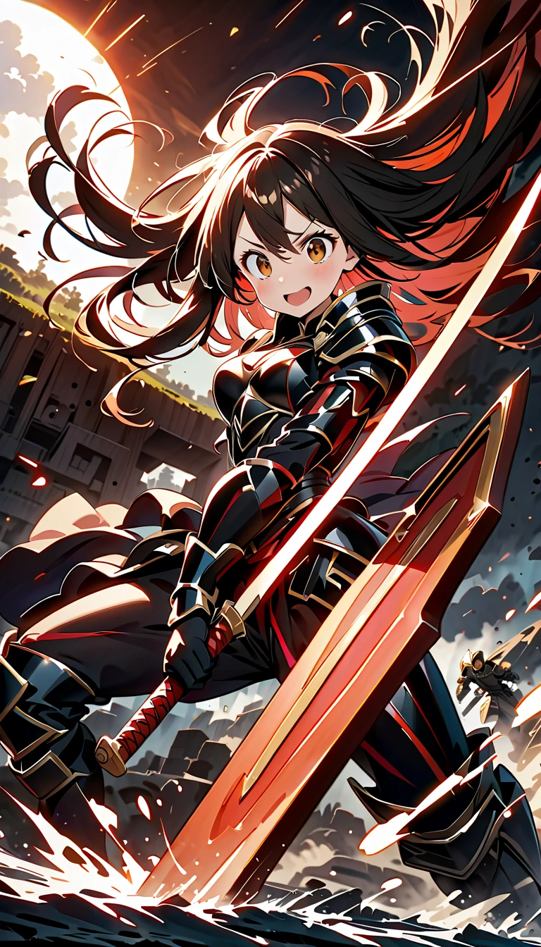 female knight　Red Armor　Torn white skirt　White underwear　Black Hair　battlefield