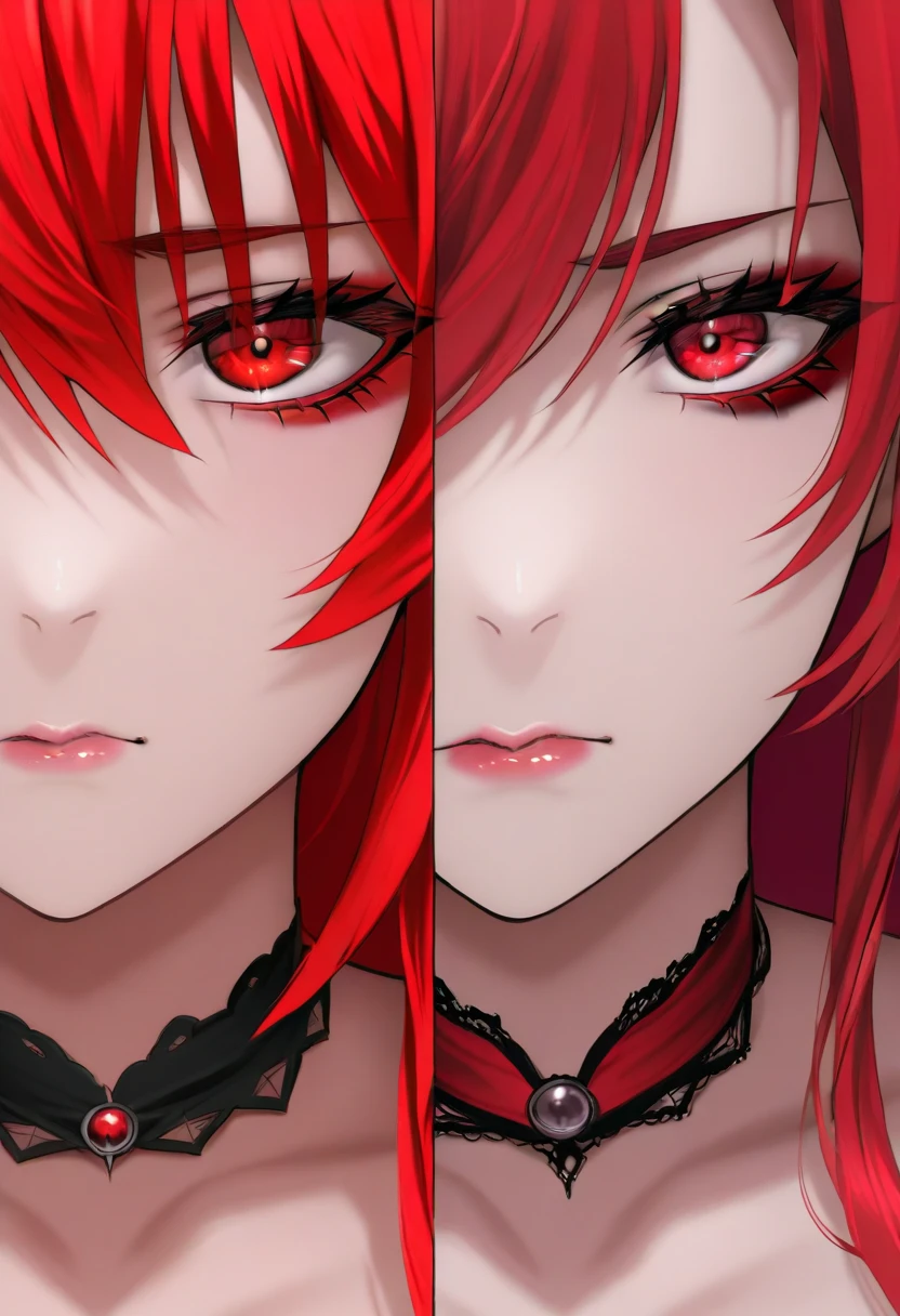 ((masterpiece)), ((best quality)), 1girl, long hair, big bust, ((red hair)), close-up, profile photo, very long red hair, ((intimidant look)), sexy pose, ((blood marks)), yellow eyes, ((white lace lingerie)), ((chains)), leather, dark colors, ((bandana)), brillant eyes, heels, fishnet stockings, ((wavy hair)), exposed skin, ((intimidant look)), good anatomy, ((dominant)), ((straight cut bangs)), long gloves, evil, emotionless, intimidant, bloody, ((beautiful eyes)), dark background, close up, ((detailed eyes)), beautiful eyes, hair bang, frontal look