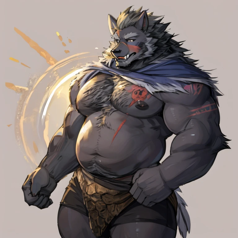 A chubby anthropomorphic husky with sky blue fur, with big belly and pecks wearing a loincloth with a skull belt, with a strap across his torso and a sword on hia back, flexing, full-body, solo