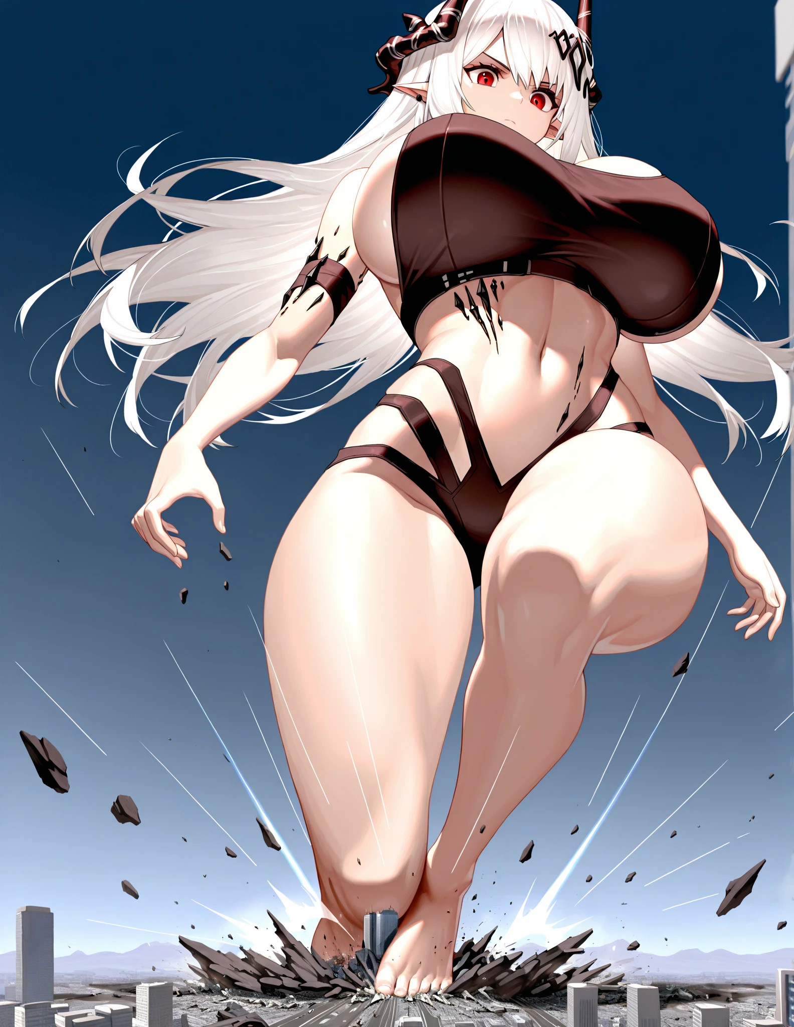(Masterpiece, plain background:1.2) 1sologirl female full body, standing straight symmetrical feet together looking to camera view from below, strong abs, red cheeks smiling, dark elf, dark skin, long mess white hair, red eyes, circlet, 1990s style retro game