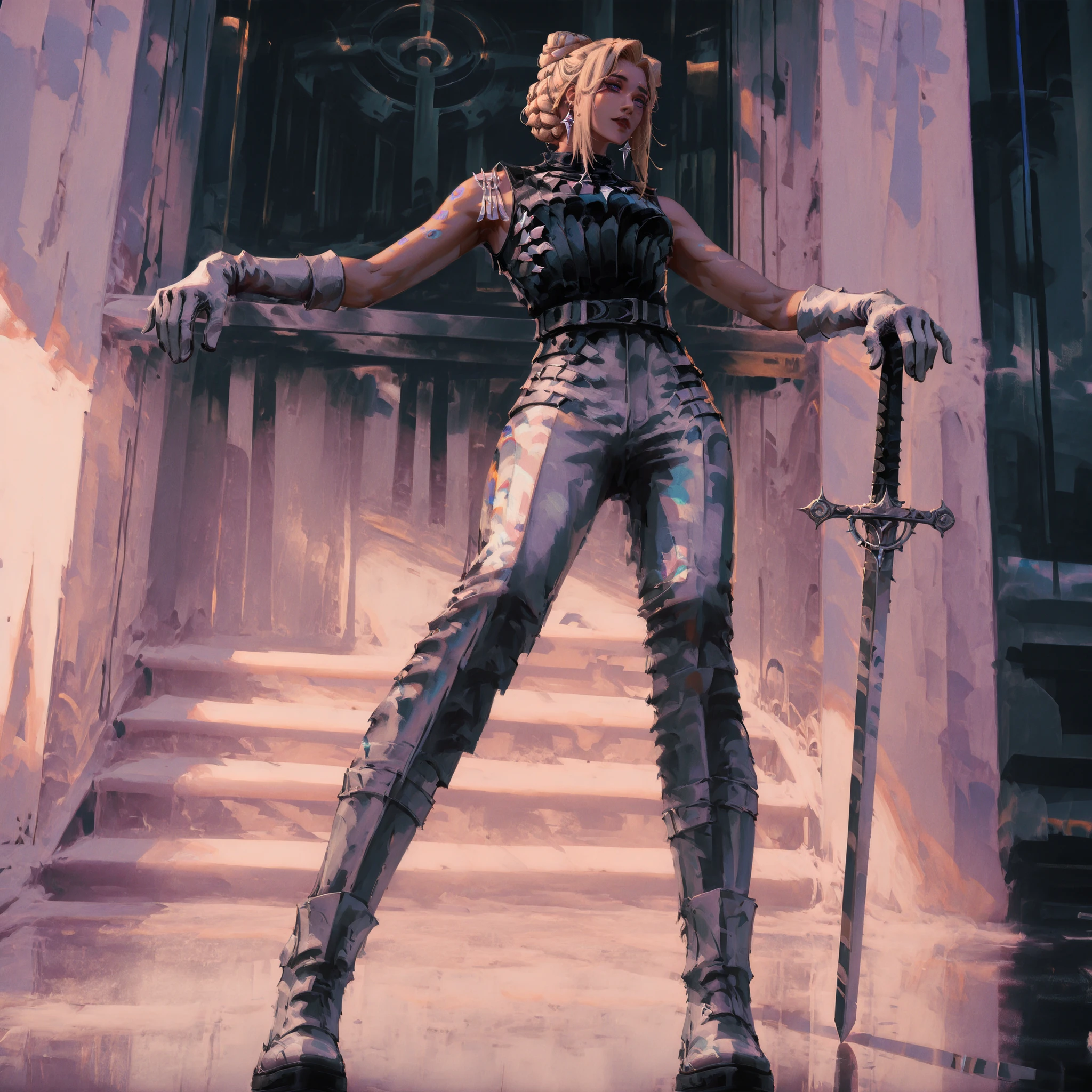 artist: wlop, masterpiece, best quality, illustration,( a young vampire with tan pale skin), medium length blonde hair , sideparted front hair and braided bun, blue eyes, detailed face, wearing form fitting gray and white outfit, wearing leather outfit in gray and white , gray and white gloves, wearing light armor , gray leather boots, gray open sleeveless leather vest , white leather pants, fantasy, perfect anatomy, detailed, lighting, colorful, muscular body, fit body, toned body , ideal ratio body proportions , short , Realistic Shadows, detailed face, detailed eyes, epic, highly detailed, illustration style background, cinematic background, cinematic lighting, detailed eyes, Official Art, face focus, eye focus, high resolution, cinematic, perspective, night , scenery background, pose, 8k, landscape, (official art), （scenography）, （the Extremely Detailed CG Unity 8K Wallpapers）, perfect anatomy, detailxl, SoulFightersStyle-IL.V1.0, SoulFightersStyleSplashArt-IL.V1.0, standing pose, sword with white and gray gemstone on hilt , armored glove, gray white earrings, toned arms, standing, white theme, gray theme, white and gray tones, lake in background,