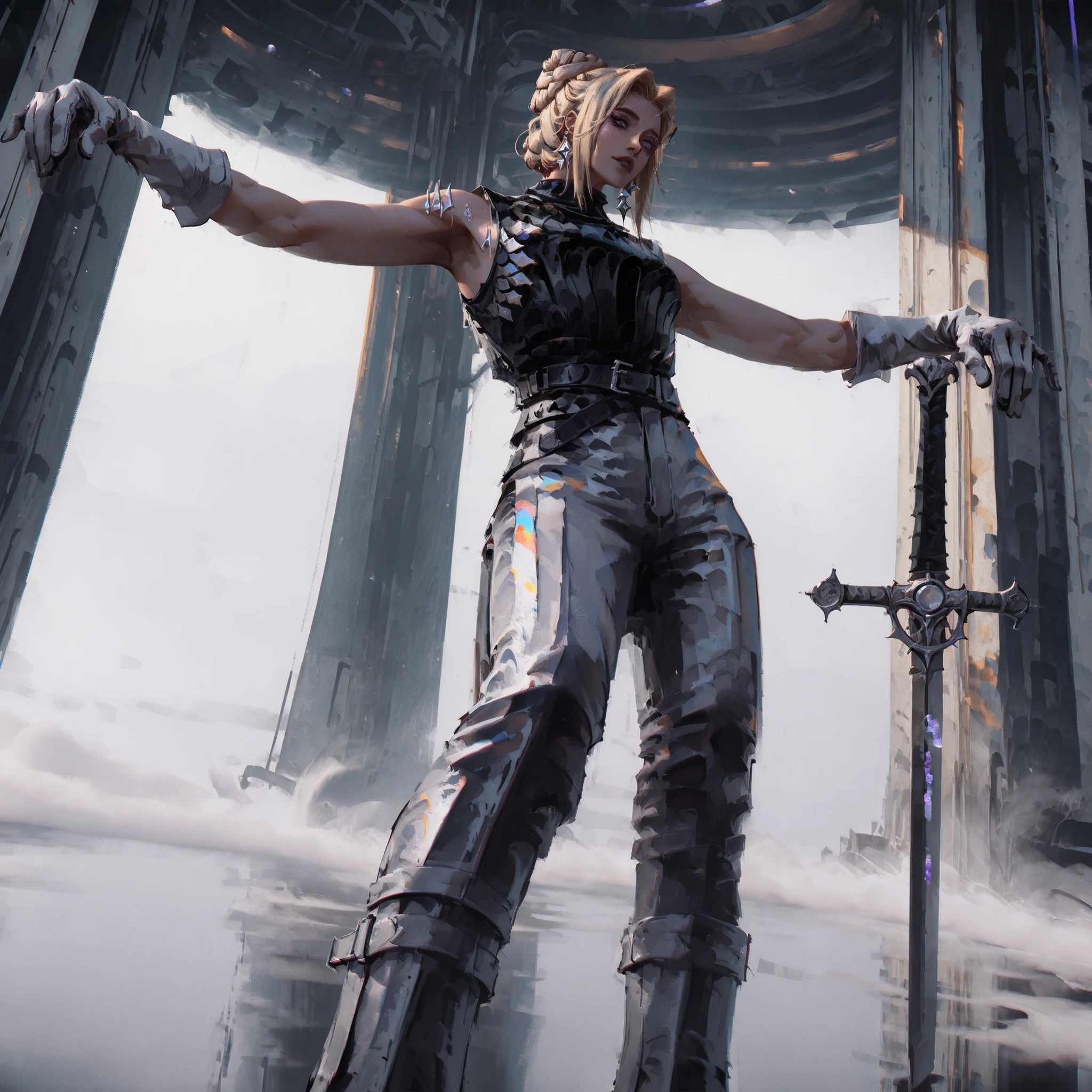 artist: wlop, masterpiece, best quality, illustration,( a young vampire with tan pale skin), medium length blonde hair , sideparted front hair and braided bun, blue eyes, detailed face, wearing form fitting gray and white outfit, wearing leather outfit in gray and white , gray and white gloves, wearing light armor , gray leather boots, gray open sleeveless leather vest , white leather pants, fantasy, perfect anatomy, detailed, lighting, colorful, muscular body, fit body, toned body , ideal ratio body proportions , short , Realistic Shadows, detailed face, detailed eyes, epic, highly detailed, illustration style background, cinematic background, cinematic lighting, detailed eyes, Official Art, face focus, eye focus, high resolution, cinematic, perspective, night , scenery background, pose, 8k, landscape, (official art), （scenography）, （the Extremely Detailed CG Unity 8K Wallpapers）, perfect anatomy, detailxl, SoulFightersStyle-IL.V1.0, SoulFightersStyleSplashArt-IL.V1.0, standing pose, sword with white and gray gemstone on hilt , armored glove, gray white earrings, toned arms, standing, white theme, gray theme, white and gray tones, lake in background,