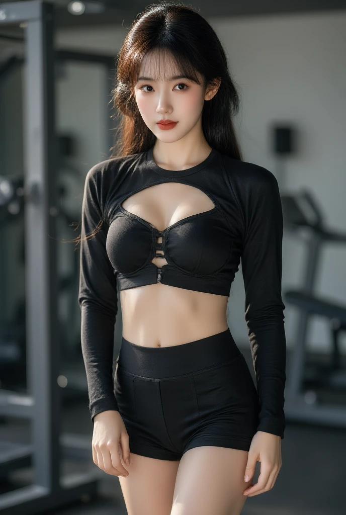 masterpiece,1 Brazilian girl，Realistically，8K Ultra HD，high quality，Background blur, 白黒のSpidermanスーツ，Spiderman，(Clothes cover the entire body:1.1)，Tight clothing，Abdominal muscle contour，Chest Chakra Guo、Short black hair，Perfect Face，Shining Face，Ultra-clear face，A sophisticated eye，Japanese Idols,(bamboo forest chinese architecture tense background)、