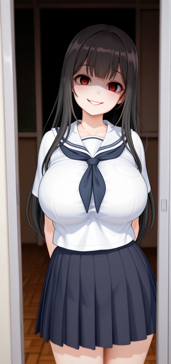 (超High resolution,4K,Very detailed, photograph, 8k, High resolution, High resolution, Absurd:1.2),Browsing Caution,Japanese ,Long black hair,Blunt bangs,Beautiful character design,Beautifully detailed eye depiction,Perfect Face,Expressive eyes,Brown eyes,Smiling with teeth showing,(Full nudity:1.4),(Huge saggy breasts:1.4),(Deep Valley:1.4),(Tight waist:1.1),In the living room,Daytime,Bold Pose,Cowboy Shot