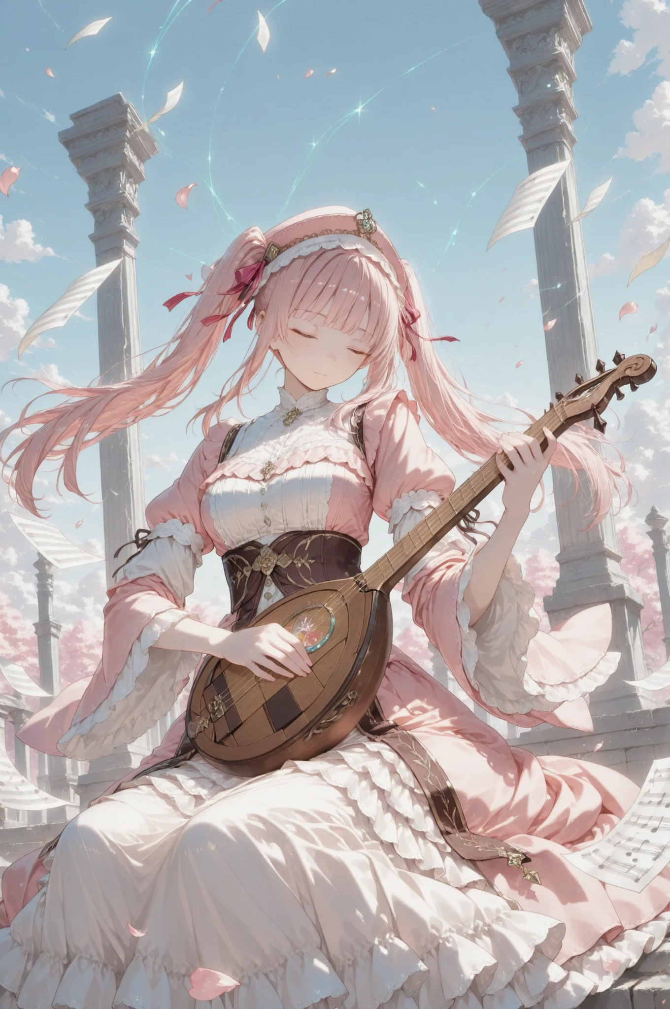 1girl, pink twintails, feathered hat, layered classical dress, holding antique lute on lap, fingers gently plucking strings, eyes closed in contentment, solo, lute maiden, BREAK, floating stone terrace, petals drifting in sky breeze, broken harp pillars, scattered musical notes in air, floating music sheets, BREAK, eye-level medium angle, framed by sky columns, ethereal music feeling, BREAK,
soft colors composition,Light color composition,finely detail,semi realistic,stunning,clear picture,intricate details,extremely detailed CG unity 8k wallpaper,stunning,clear picture,masterpiece,best quality, highres,
