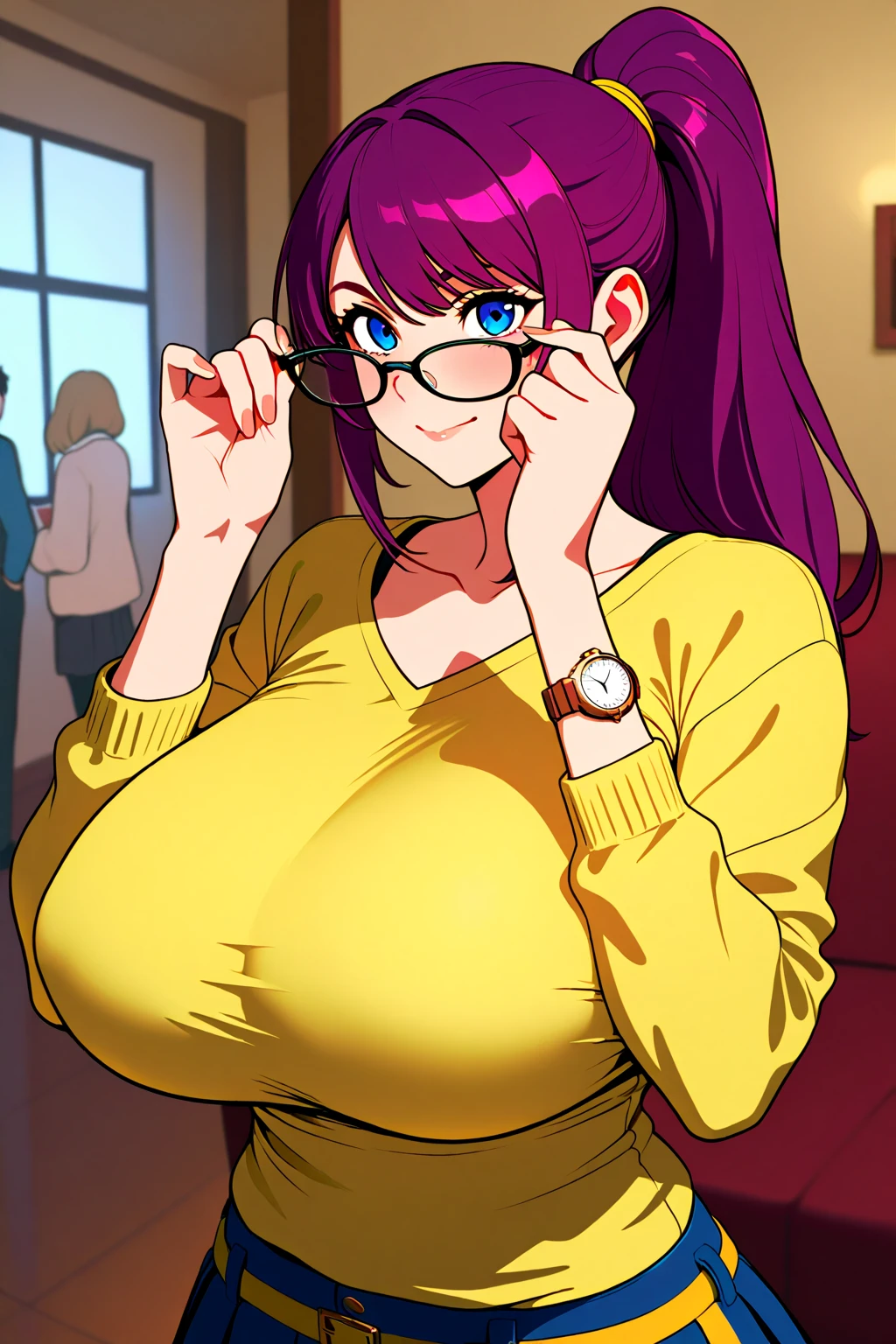 masterpiece, incredibly absurd resolution, absolutely resolution, ultra high resolution, Mature Female, MILF, professional, vivid colors, perfect anatomy, ideal facial features, ideally proportioned figure, perfectly beautiful body, super detailed skin, glossy skin, glistening skin, Glamor, soft and curvy, body conscious, collarbone, cleavage, saggy huge breasts, evil seductive smile,