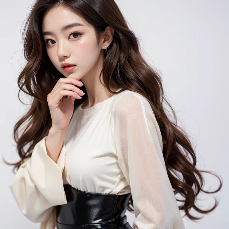 top-quality、masterpiece、hight resolution、1girl in、solo、Raw photo、Real person、Detailed skin、japanes、brawn hair、thin bunches of bangedium Hair、Curly hair、Floating hair、fullllbody,cropped shirt、White Room、catchlight