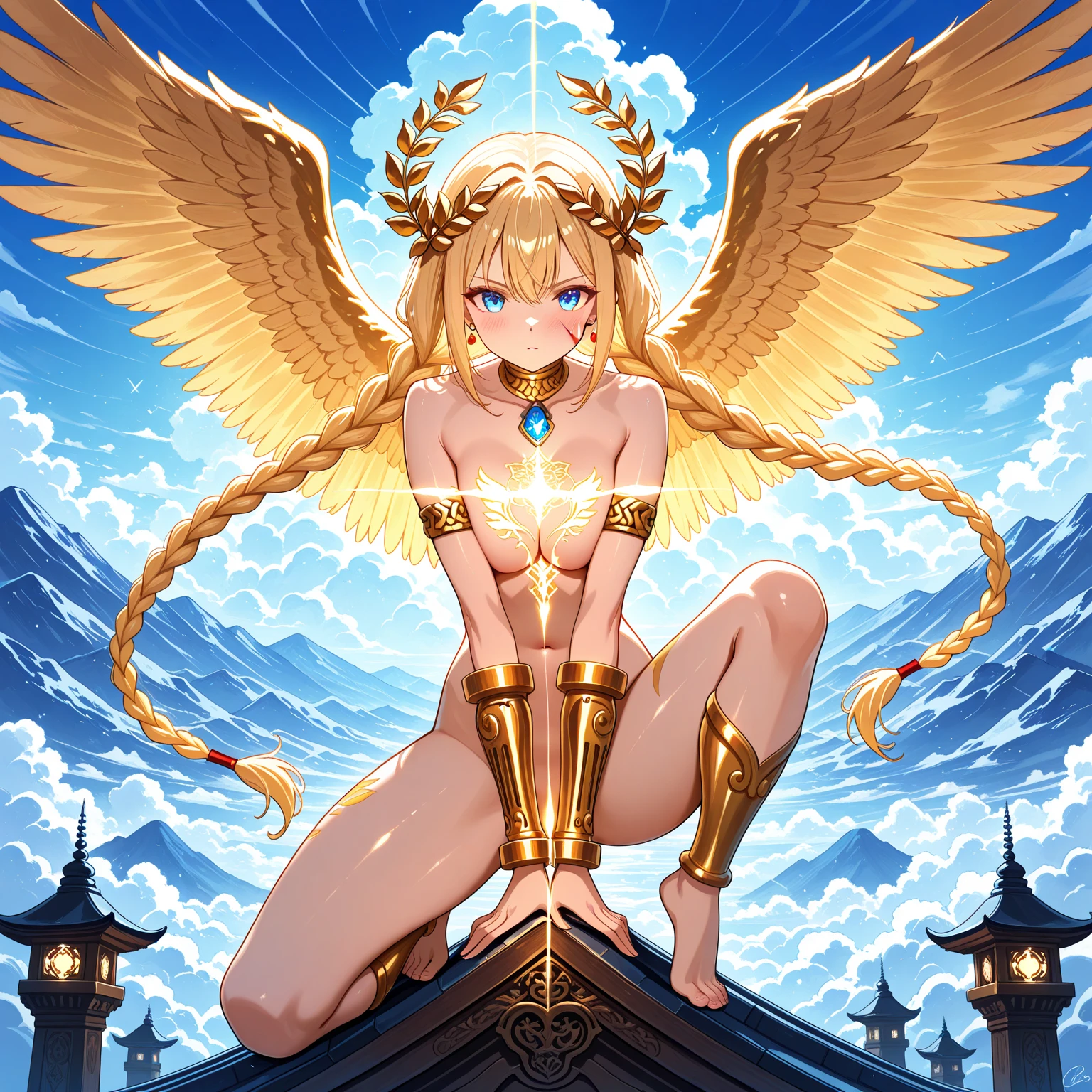anime girl with angel wings and a sword in her hand, anime goddess, angel knight girl, angelic golden armor, of beautiful angel, full - body majestic angel, knights of zodiac girl, cushart krenz key art feminine, 8k high quality detailed art, as a mystical valkyrie, detailed digital anime art, angelic purity, anime fantasy illustration, naked, nipples, boobs, vagina, pussy, skin, bare skin, no clothes, uncovered, uncensored nudity