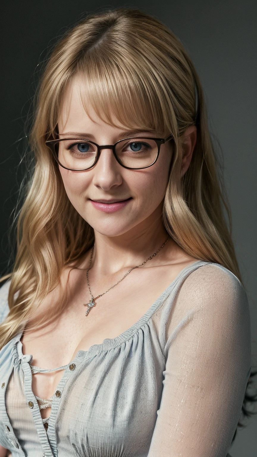 real, atmospheric scene, masterpiece, best quality, (detailed face, detail skin texture, ultra-detailed body),(cinematic light),
1girl, b3r2e6d3t7e-smf, solo, blonde hair, jewelry, necklace, glasses, smile, long hair, blue eyes, upper body, shirt, realistic, black-framed eyewear, lips