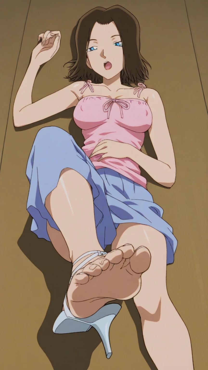 score_9, score_8_up, score_7_up, source_anime, best quality, clear face, 1girl, Nico Robin, black hair, long hair, blue eyes, large breasts, wet, cleavage, smile, looking at viewer, indoor, full-body ,pink bikini , blushing ,small blue shorts,long legs, nices white Sneakers ,wood floors, Decoration on wall ,windows showing ocean, white ankle socks,pirate flag on wall, Hair Ribbon, POV, Best Quality, 
