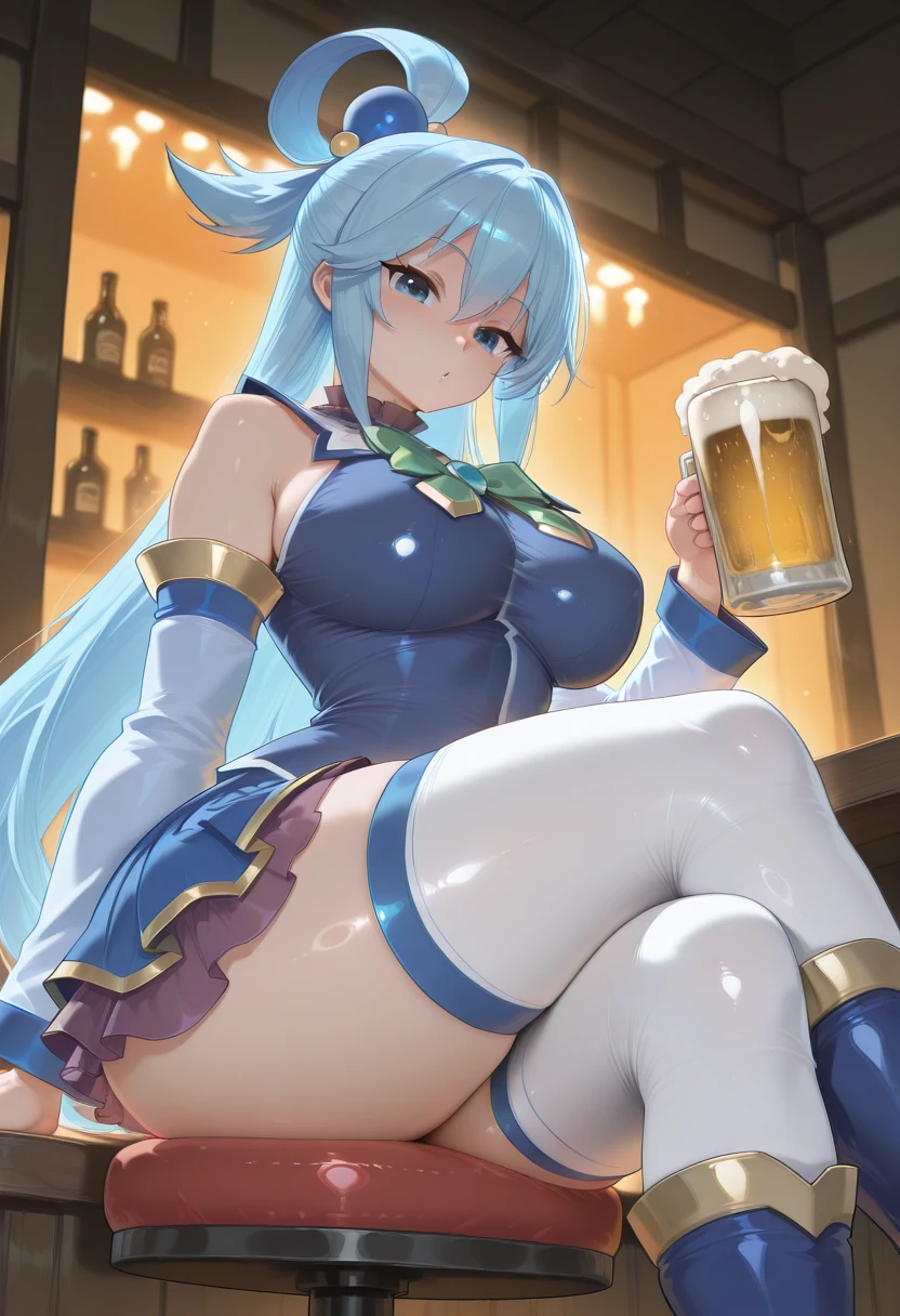 aqua, Konosuba character, is a goddess, She is a tall woman, ((big woman:1.72)), long sky blue hair, loose and slightly wavy, that cascades down her back with a sleek, voluminous appearance. Large sapphire blue eyes that look seductive but still retain their characteristic sparkle. Light skin and Caucasian. She wears golden accessories with cross symbols. Figure with pronounced curves, big bust, narrow waist and wide hips. Dressed in a revealing thong swimsuit. The swimsuit is a transparent slingshot bikini, which barely covers her breasts and forms a thin strip between them, leaving her sides and back mostly exposed. long and thin legs. thick thighs. backwards, showing off her big, meaty butt (Big butt 1.99) Bathing in a pool full of beer. aqua está bañándose en una piscina en el bosque, sexy bathroom. Pool filled with foamy beer being used for a swim. Elevated Leg. standing split. El bikini slingshot enfatiza sus curvas y figura extremadamente voluptuosa con pechos mucho más grandes de lo normal y pierced nipples. His expression is haughty and self-confident., with a seductive and playful smile. He has a confident expression on his face., showing his characteristic seductive and elegant gesture. (masterpiece quality, High resolution, (giant breasts: 2.26), piercing (pierced nipples) looking at the viewer, Mischievous smile. She also wears fishnet stockings. Jewelry tattoos. tattoos all over the body(Tattoos on the breasts, Tattoos on thighs, tattoos on the butt). Blue high heels. Her expression is confident and seductive.. Front view. whole body. full body view. Elevated Leg hacia el cielo. Magical forest landscape. She carries a barrel of beer between the cleavage of her breasts. Woman bathing in beer.