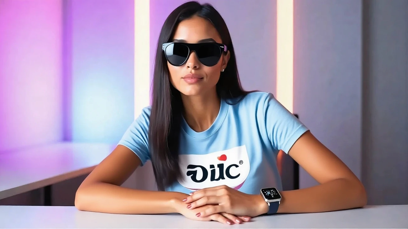 a beautiful slim latina girl with long dark hair wearing a short white T-shirt with a logo that says "Suno ASMR Voice", lying on a bed singing with a microphone and white headphones, eyes closed enyoing the music