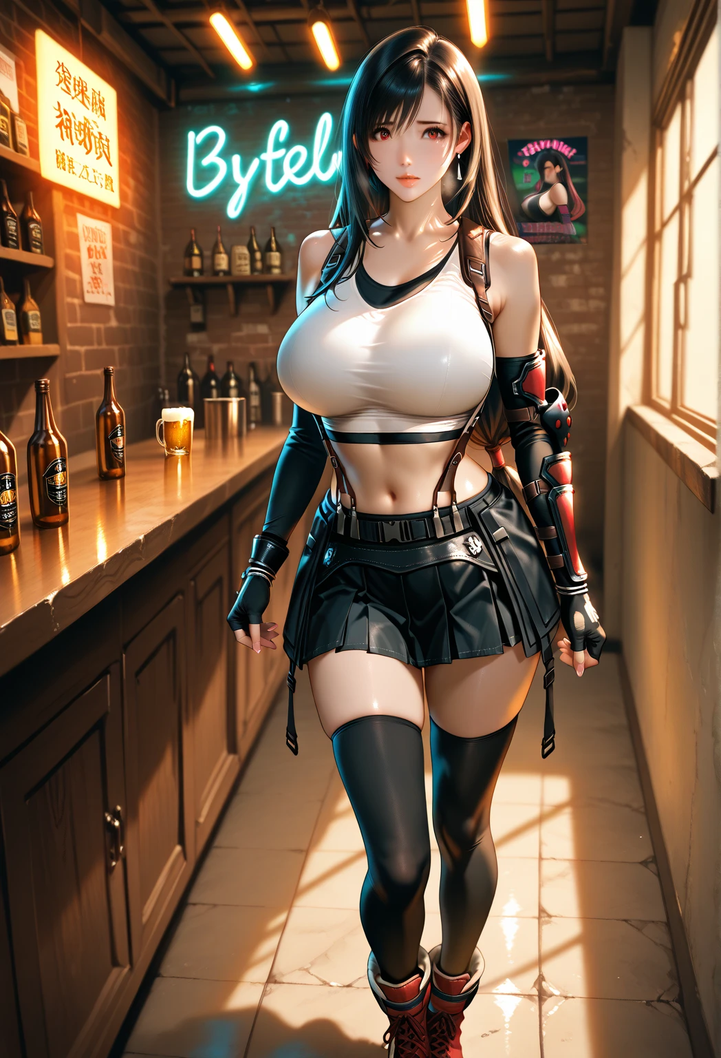 Tifa lockhart, tifa_lockhart,  ff7, sultry face, (white tank top:1.2), black miniskirt, (black long hair), hair bangs (red eyes:1.3) long eyelashes, beautiful red eyes with brightness, surrealism, shadow, stereogram, (photorealistic, realistic: 1.2), POV, atmospheric perspective, cinematic lighting, ray tracing, 8k, super detail, best quality, masterpiece, well detailed, (Canan EOS R6, 135mm, 1/1250s, f/2.8, ISO 400:0.9), cyberpunk, neon, neon signs, ramen shops, (huge breasts:1.5) red gloves