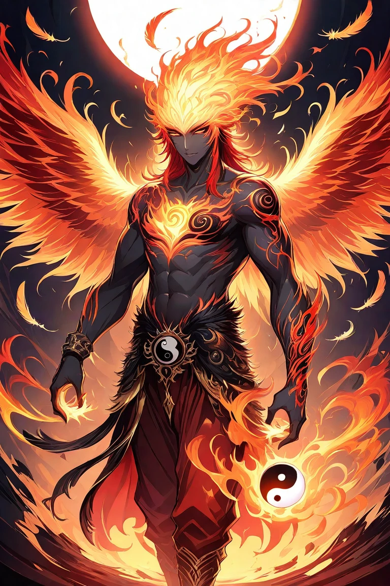 A fusion of a lion and a phoenix、The body1tで顔も1t、1 body only、With flames all over its body, it flies with its wings、It has no hands, but instead has wings、Feet are bird feet、Full body photo、cool、Use more effects、