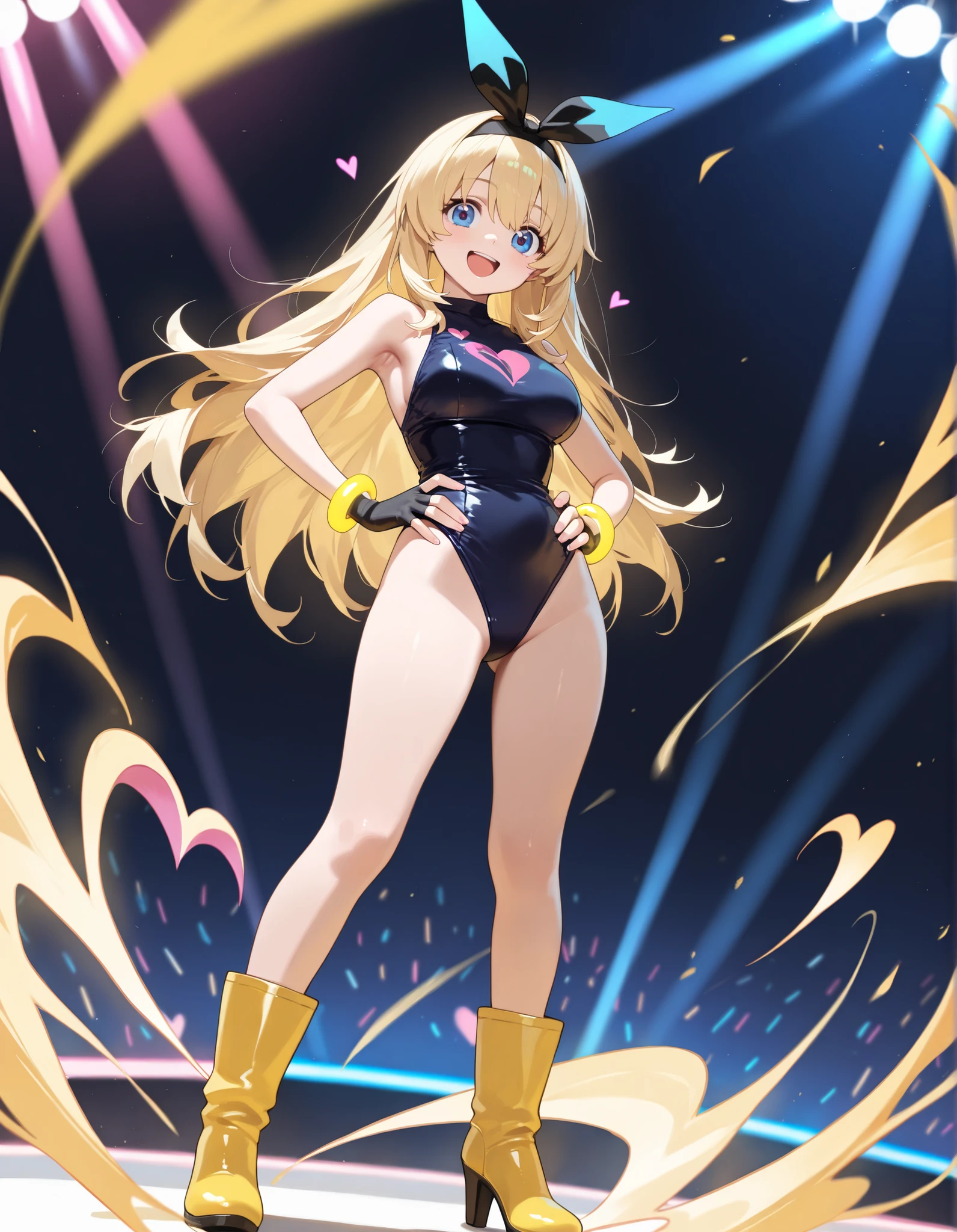 masterpiece, best quality, 1girl, ((bangs, blonde hair, armpit-length hair)), ((black headband)), blue eyes, beautiful detailed eyes, beautiful detailed face, cute face, perfect hands, complete fingers, perfect anatomy, perfect proportions, ((leotard, gymnastics leotard, dark blue leotard)), ((boots, yellow boots, yellow footwear, high heels)), breasts, medium breasts, covered navel, ((blue fingerless gloves, yellow bracelets)), (full body portrait), hand on hip, hands on hips, ((pink heart logo on chest)), (stage lights), looking at viewer, smile, :d, solo, solo focus, standing, body infused with yellow aura, cowboy shot