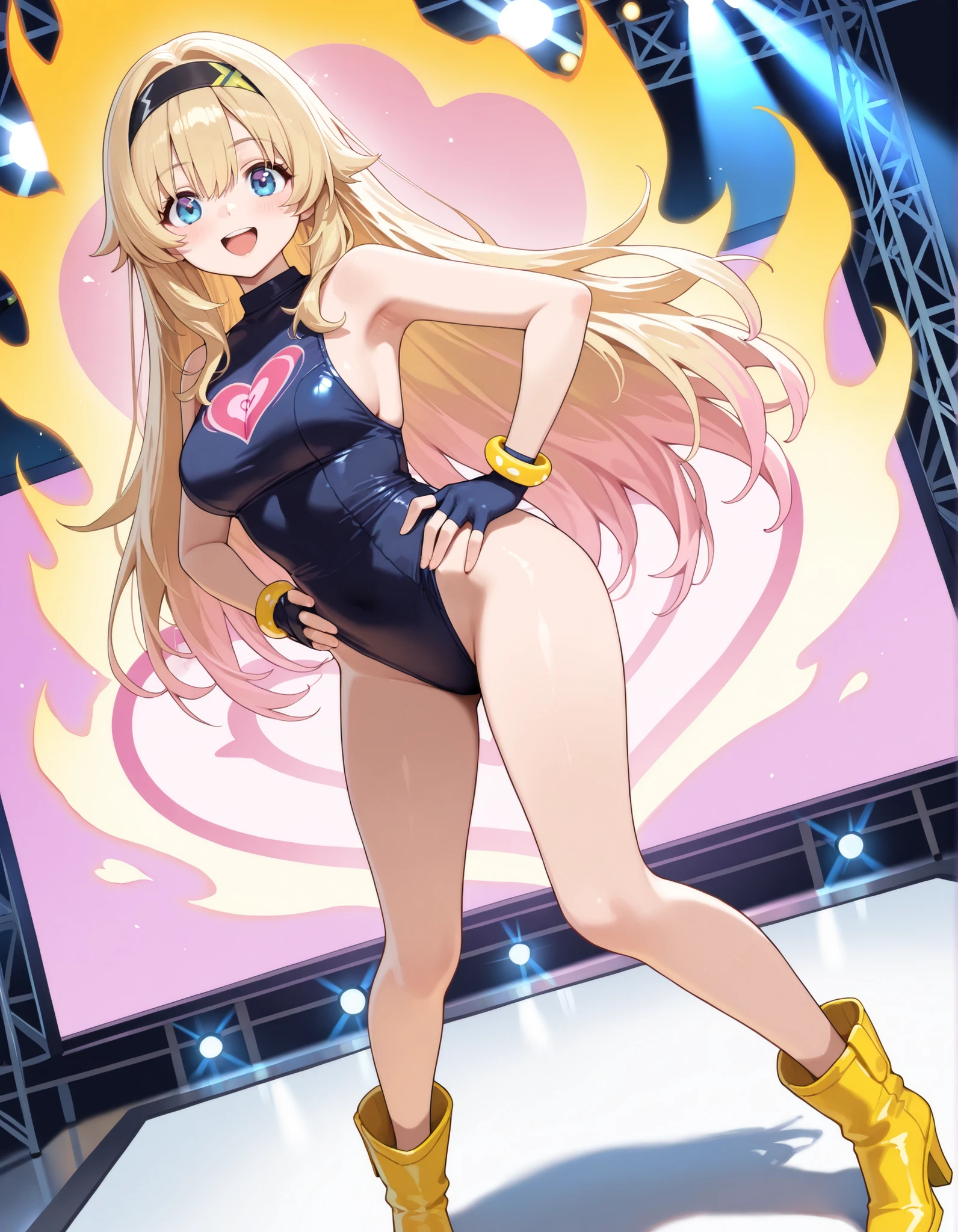 masterpiece, best quality, 1girl, ((bangs, blonde hair, armpit-length hair)), ((black headband)), blue eyes, beautiful detailed eyes, beautiful detailed face, cute face, perfect hands, complete fingers, perfect anatomy, perfect proportions, ((leotard, gymnastics leotard, dark blue leotard)), ((boots, yellow boots, yellow footwear, high heels)), breasts, medium breasts, covered navel, ((blue fingerless gloves, yellow bracelets)), (full body portrait), hand on hip, hands on hips, ((pink heart logo on chest)), (stage lights), looking at viewer, smile, :d, solo, solo focus, standing, body infused with yellow aura, cowboy shot