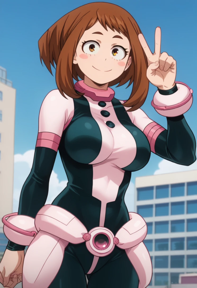 masuter piece, Best Quality, 超A high resolution, Anime style, The best lighting, Beautiful face, ((masterpiece、top-quality;1.3))、ultra-detailliert、细致背景、1girl in、独奏、A smile、body suit、Ochako Uraraka、looking at the viewers、large full breasts、Light Pink Suit、
school background、floating, weightless、curled up and floating