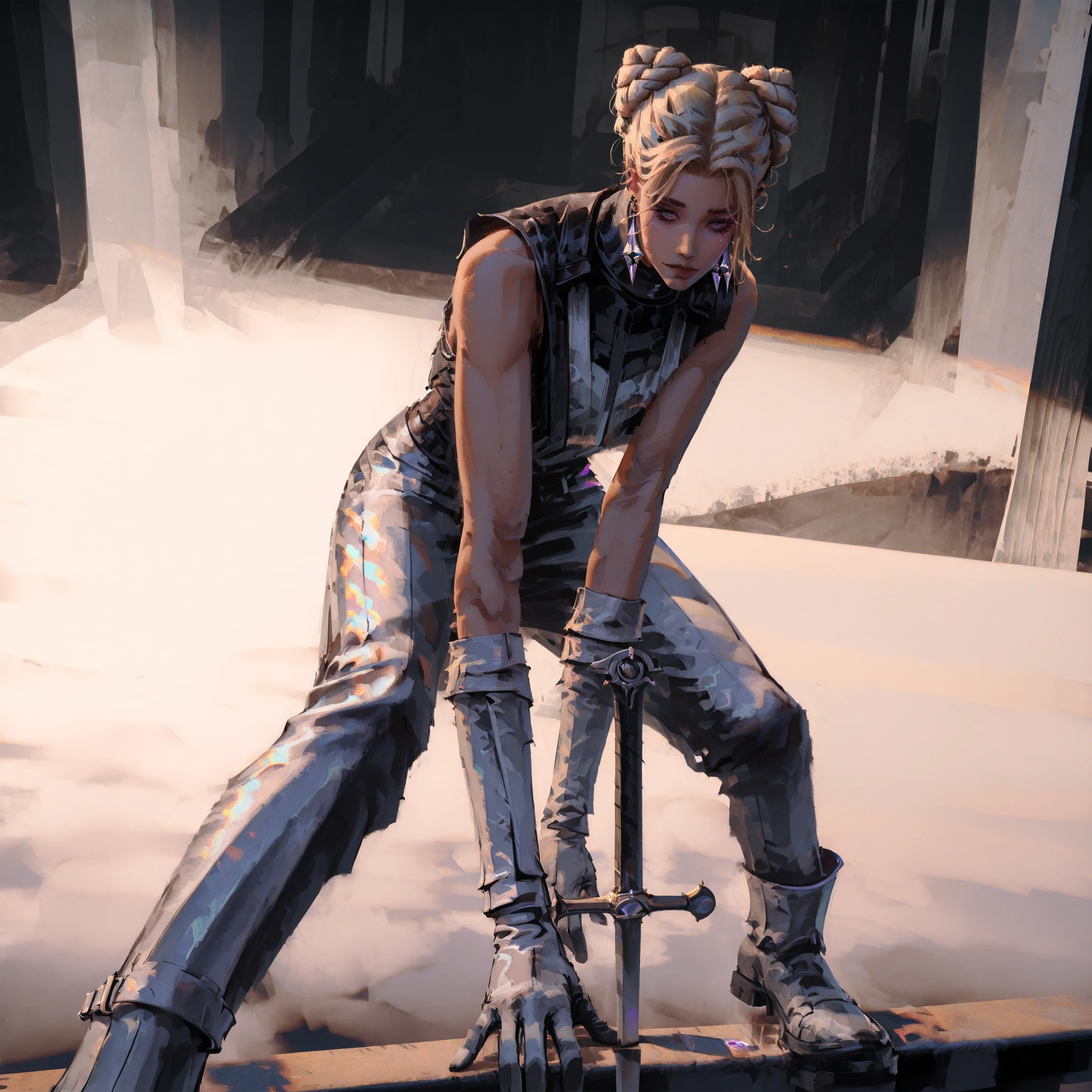 artist: wlop, masterpiece, best quality, illustration,( a young vampire with tan pale skin), medium length blonde hair , sideparted front hair and braided bun, blue eyes, detailed face, wearing form fitting gray and white outfit, wearing leather outfit in gray and white , gray and white gloves, wearing light armor , gray leather boots, gray open sleeveless leather vest , white leather pants, fantasy, perfect anatomy, detailed, lighting, colorful, muscular body, fit body, toned body , ideal ratio body proportions , short , Realistic Shadows, detailed face, detailed eyes, epic, highly detailed, illustration style background, cinematic background, cinematic lighting, detailed eyes, Official Art, face focus, eye focus, high resolution, cinematic, perspective, night , scenery background, pose, 8k, landscape, (official art), （scenography）, （the Extremely Detailed CG Unity 8K Wallpapers）, perfect anatomy, detailxl, SoulFightersStyle-IL.V1.0, SoulFightersStyleSplashArt-IL.V1.0, standing pose, sword with white and gray gemstone on hilt , armored glove, gray white earrings, toned arms, sitting pose, white theme, gray theme, white and gray tones, lake in background,