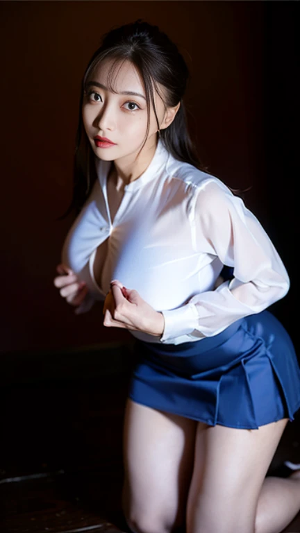 (NSFW:1.5)、Detailed CG Unity 8k wallpapers、Highest quality、masterpiece、Realistic、Bright lighting、Very cute woman、17 years old、high school girl、high school girlアイドル、Fair skin、Captivating Eyes、((Droopy eyes))、(Watery eye:1.3)、((Ecstasy Face))、Open your mouth a little、Face Light、(Long pink hair with bangs)、Earrings、necklace、Glowing Skin、Pure white skin、Big Breasts、((Perfect Anatomy、Perfect limbs、Thin fingers、Five fingers))、(His arms are tied with ropes:1.3)、(Put your arms above your head:1.5)、((White short sleeve shirt:1.5)、(Red ribbon around neck)、((His white shirt was wide open、Udder is fully exposed:1.5))、((His white shirt was wide open、Fully exposed nipples:1.5))、(Nipple Piercing Rings)、(Belly button piercing)、((Navy Check Pleated Mini Skirt:1.5))、(Navy check very short pleated mini skirt:1.5)、((Spread your legs wide))、((Raise your knees and open them in an M shape..:1.3))、((White lace panties with holes:1.3))、 ((Intense sex with a guy:1.3))、(Penis insertion:1.3)、(Focus on the vagina:1.3)、(From below:1.3)、(Thin thighs)、(Thin legs)、In the woods、