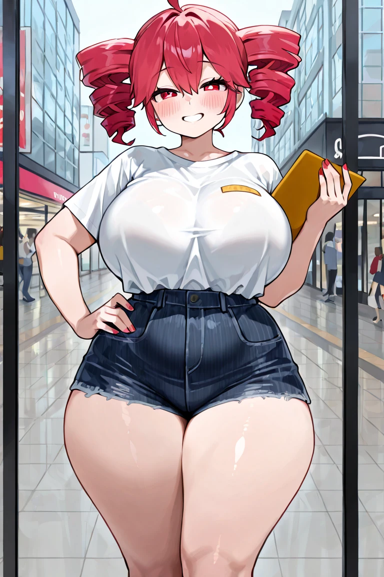 cute soft anime woman, sweet fluffy girlfriend, mature, big breasts, wearing a sweater, fat, wide hips, soft, fat, chubby, pink hair, tall, shy. pink sweater. 