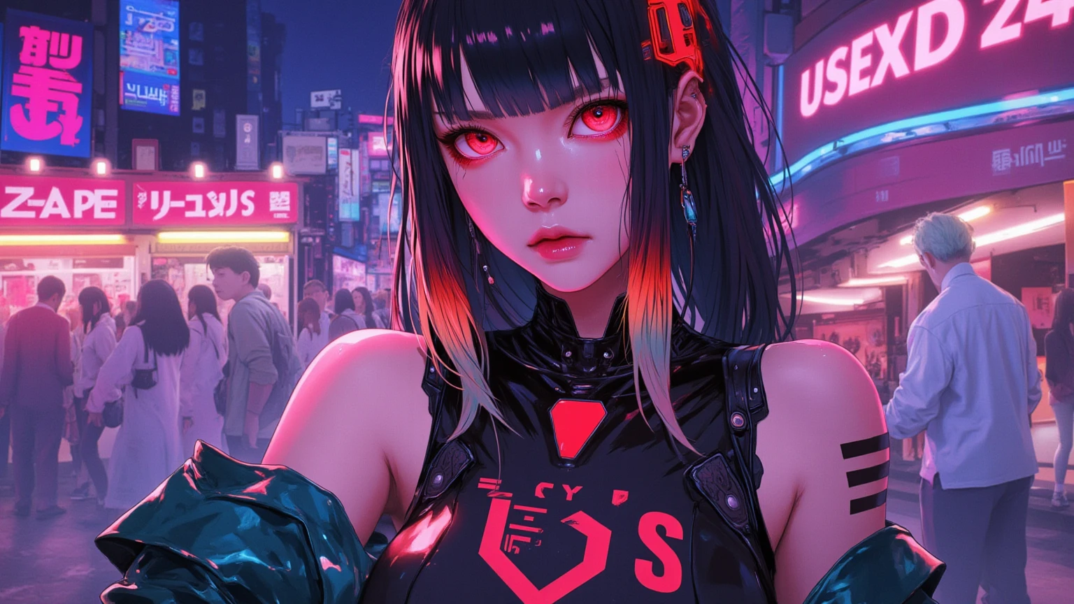 (Evangeline Lilly) Digital illustration featuring a anthropomorphic feline+paws+claw+tail with a striking appearance set against a vibrant, neon-lit urban background. She has human face and black hair with a prominent white streak, styled in a modern. She has yellow eyes. Her skin is fair with a strong complexion, and she has distinct facial features including sharp eyebrows, amber-colored eyes. She wears cat ears on her head, adding a playful yet fierce element to her look. Her attire includes a black choker and a black jacket. A noticeable tattoo of a skull with a gear design is visible on her upper arm. The background is filled with colorful, blurred neon signs in various shapes and sizes, contributing to the cyberpunk aesthetic of the image.