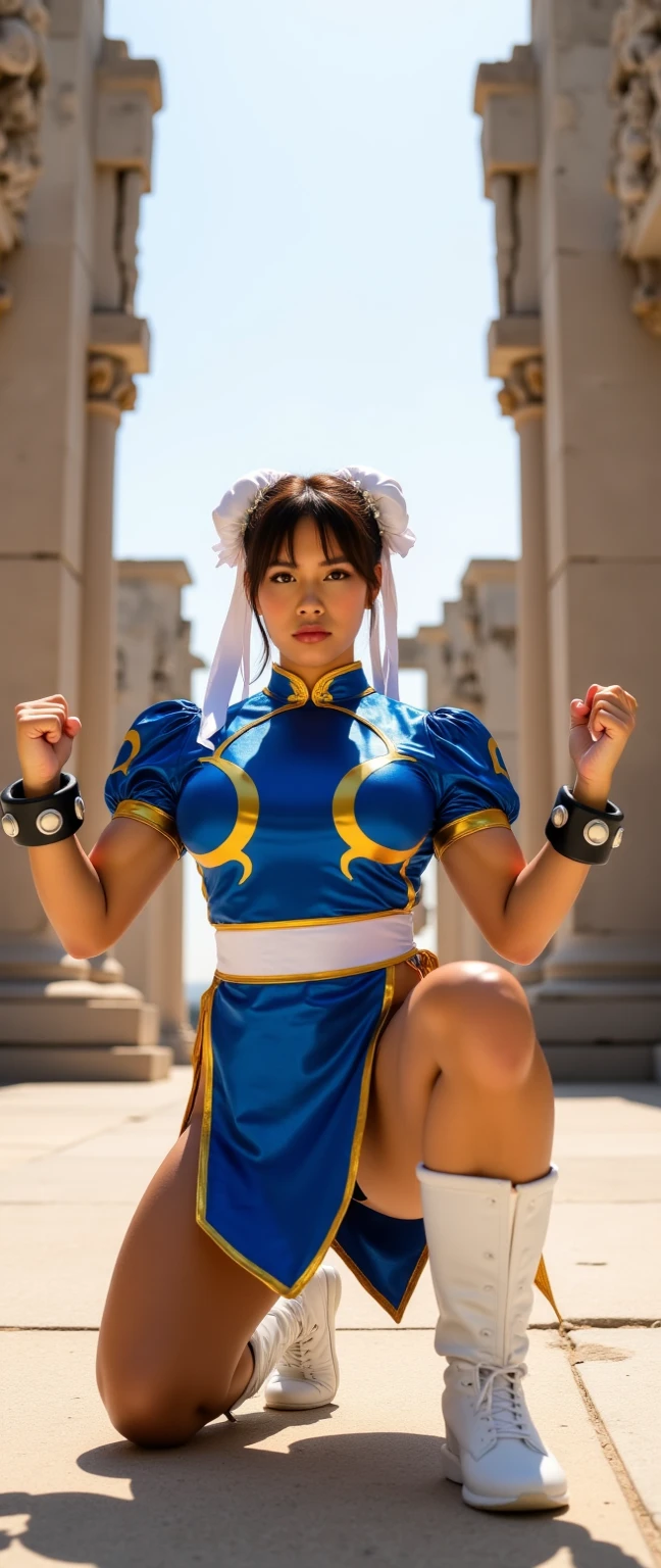 Genera a la Chun Li, Chun Li, Chun Li con su uniforme roto y las tetas de fuera pero en posición de pelea