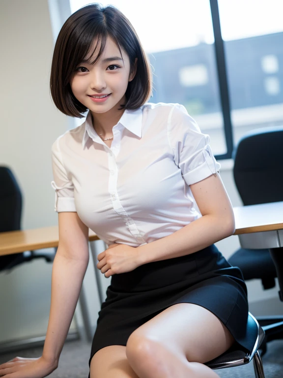 (Japanese cute girl), in a secretary room, sexy 18 yo girl, (full body), (cutest face), thin breasts, short hair, smiling, skirt, (thighs), white blouse, clear depiction, view from her side, protruding butt, 