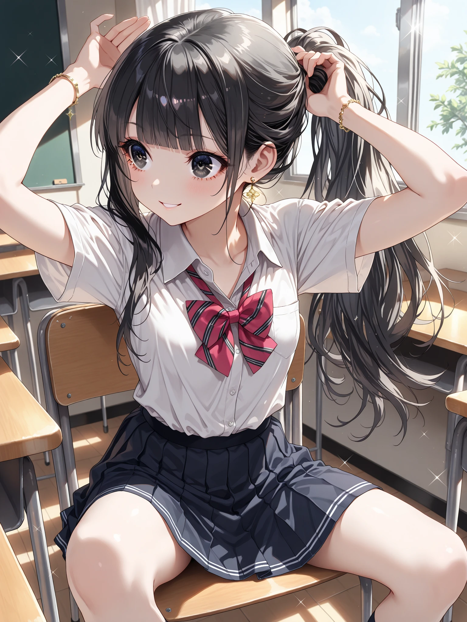 highest quality、High resolution、detailed background、beautiful and detailed face、beautiful and smooth skin、skin texture、professional lighting、
cute10代の美少女、(three women)、(huge breasts:1.2)、selfie、
(skimpy sailor suit)、plaid pleated mini skirt、black hair braided ponytail、white knee high socks、pink and black floral embroidery panties、pink and black floral embroidery bra、((She happily shows her panties on the classroom desk.:1.2))、
legs open、emphasize cleavage、emphasize the underboob、cute、camel toe