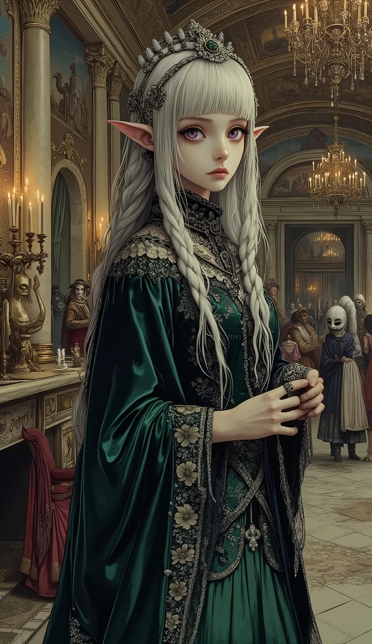 (A fusion of Ukiyo-e and dark fantasy. Aesthetic and gothic digital art. Draw a detailed face. Look away. Draw the picture at an angle.) BREAK (White hair. Blunt bangs. White eyebrows. Long white eyelashes. Almond-shaped eyes. Lavender eyes. Dark, thick eyeliner. Small pink lips. Slightly pointy ears. Dark purple skin. Thin limbs. Thin fingers. White fingernails. One thumb and four fingers accurately drawn.) BREAK (A captivating dark elf female, acting as an undercover agent, subtly gathering intelligence at a lavish, candlelit masquerade ball in 15th-century Venice. She wears an exquisite, deep emerald green velvet gown, adorned with delicate black lace and subtle silver embroidery, a traditional Venetian Bauta mask obscuring her face, revealing only her piercing, intelligent crimson eyes. Her long, dark hair is elegantly braided with silver threads, partially hidden by a dark, shimmering veil. The ballroom is opulent, with high vaulted ceilings, ornate chandeliers casting dramatic shadows, and frescoes depicting mythological scenes. Guests in elaborate historical costumes and diverse Venetian masks (Volto, Colombina, Medico della Peste) mingle around marble columns and heavy brocade curtains. She discreetly observes a clandestine exchange between two masked figures near a grand fireplace, a small, intricate silver-bound notebook subtly clutched in her gloved hand. The atmosphere is tense yet alluring, with a sense of hidden danger beneath the superficial gaiety. High detail, photorealistic, cinematic lighting, gothic fantasy, historical accuracy, deep shadows, rich textures.)